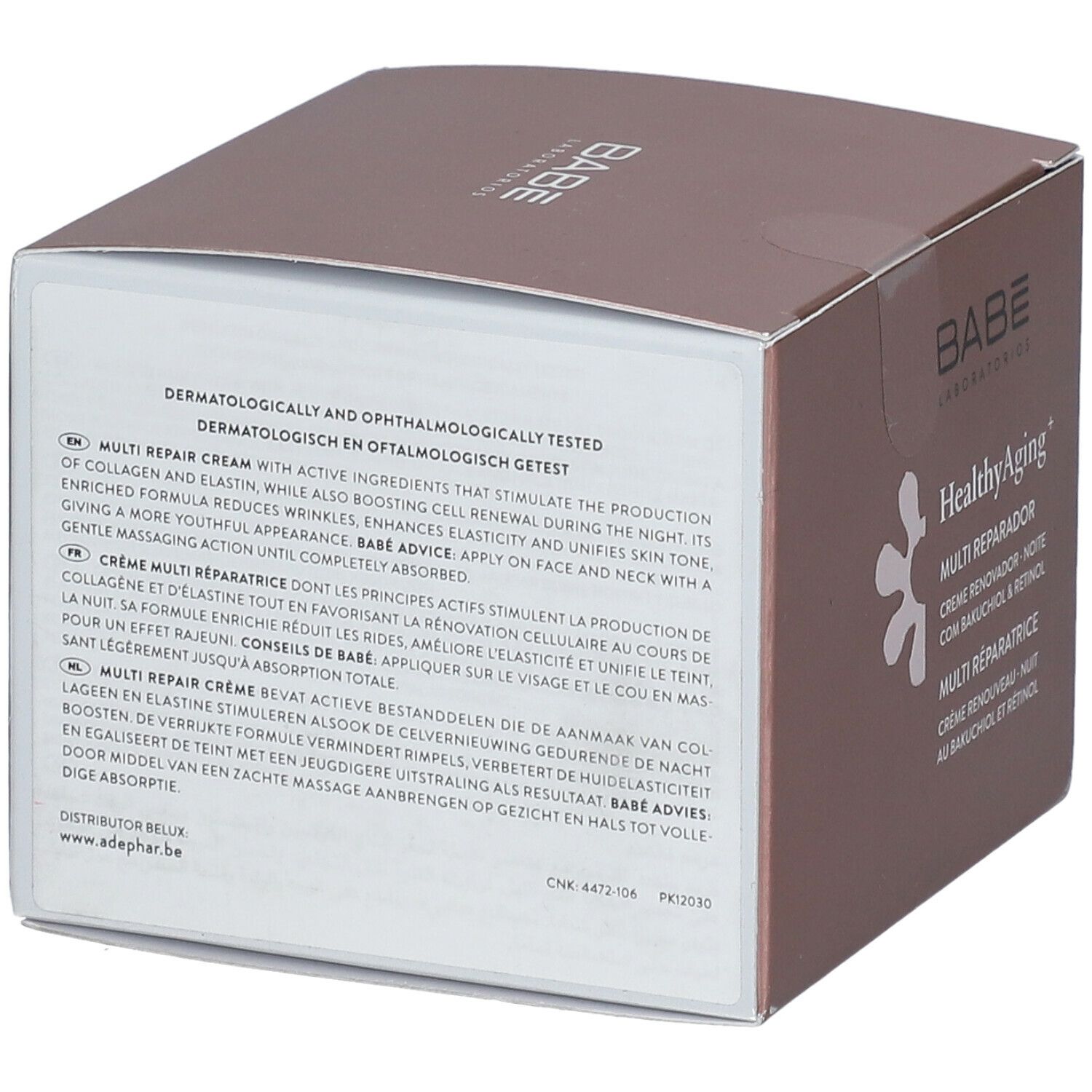 Rückseite einer braunen Schachtel mit Produktinformationen. Text: Multi Repair Cream, dermatologisch und ophthalmologisch getestet.