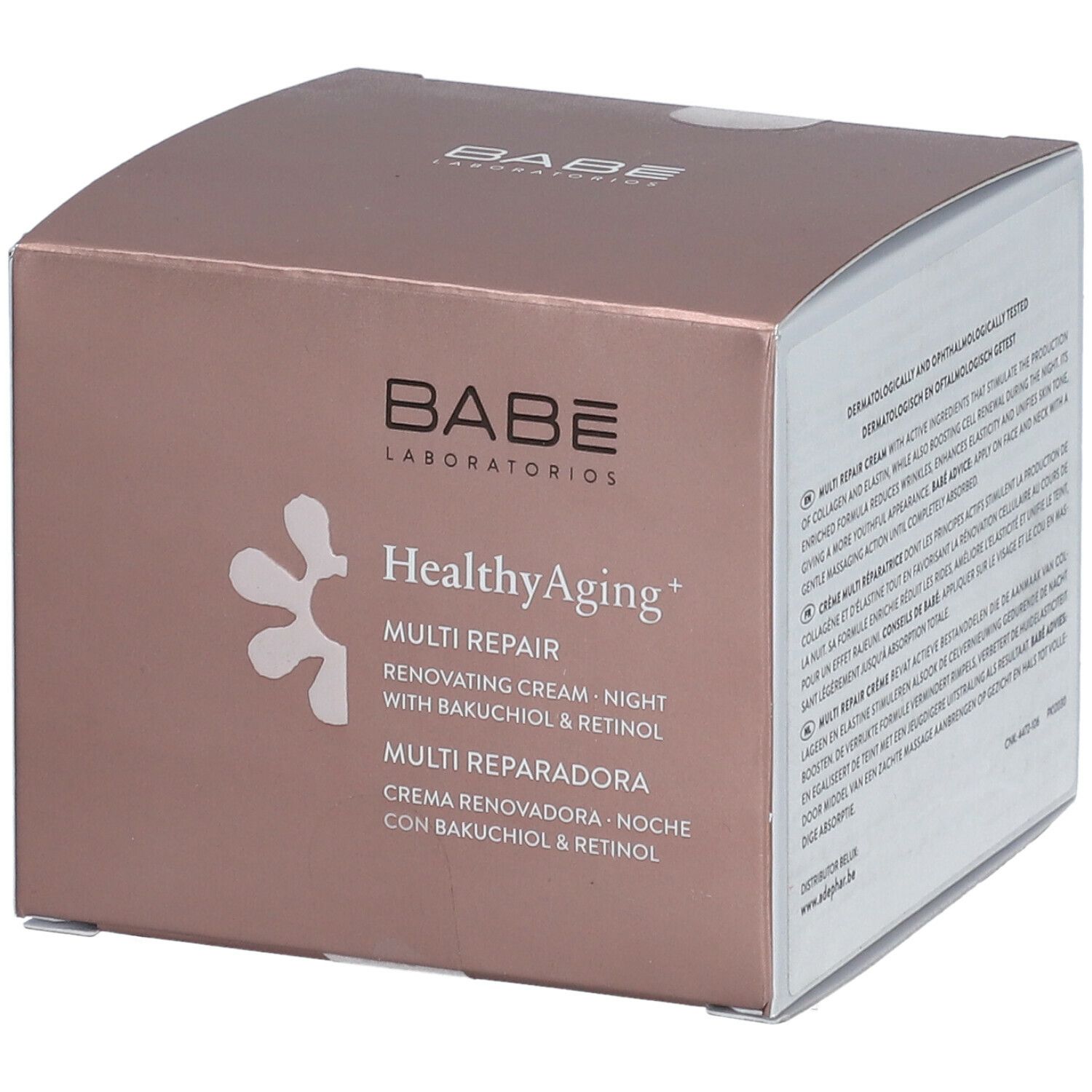 Braune Schachtel mit Produktinformationen. Aufschrift: BABÉ Laboratorios, HealthyAging+ Multi Reparador, Creme Renovador Nuit.