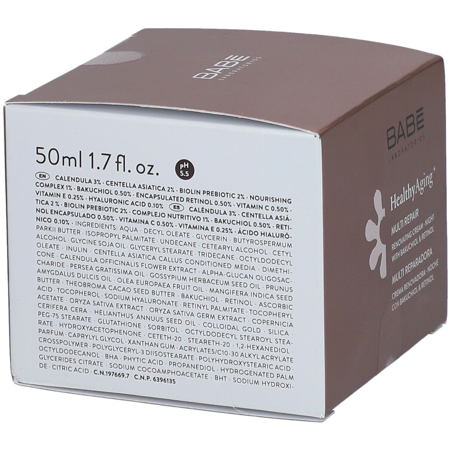 Braune Schachtel mit Produktinformationen. Aufschrift: BABÉ Laboratorios, HealthyAging+ Multi Reparador, 50ml 1.7 fl. oz.
