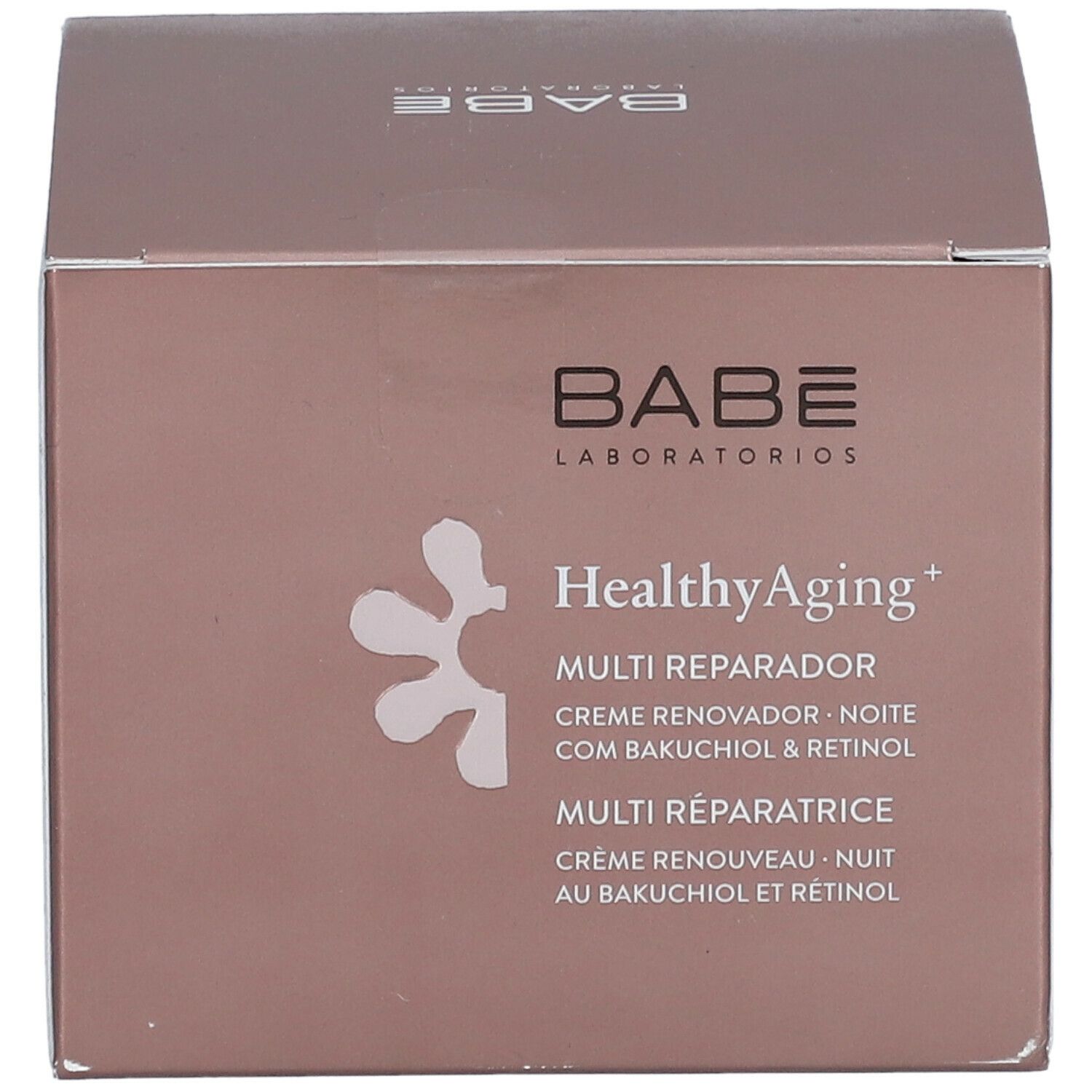 Braune Schachtel mit Produktinformationen. Aufschrift: BABÉ Laboratorios, HealthyAging+ Multi Reparador, Creme Renovador Nuit.