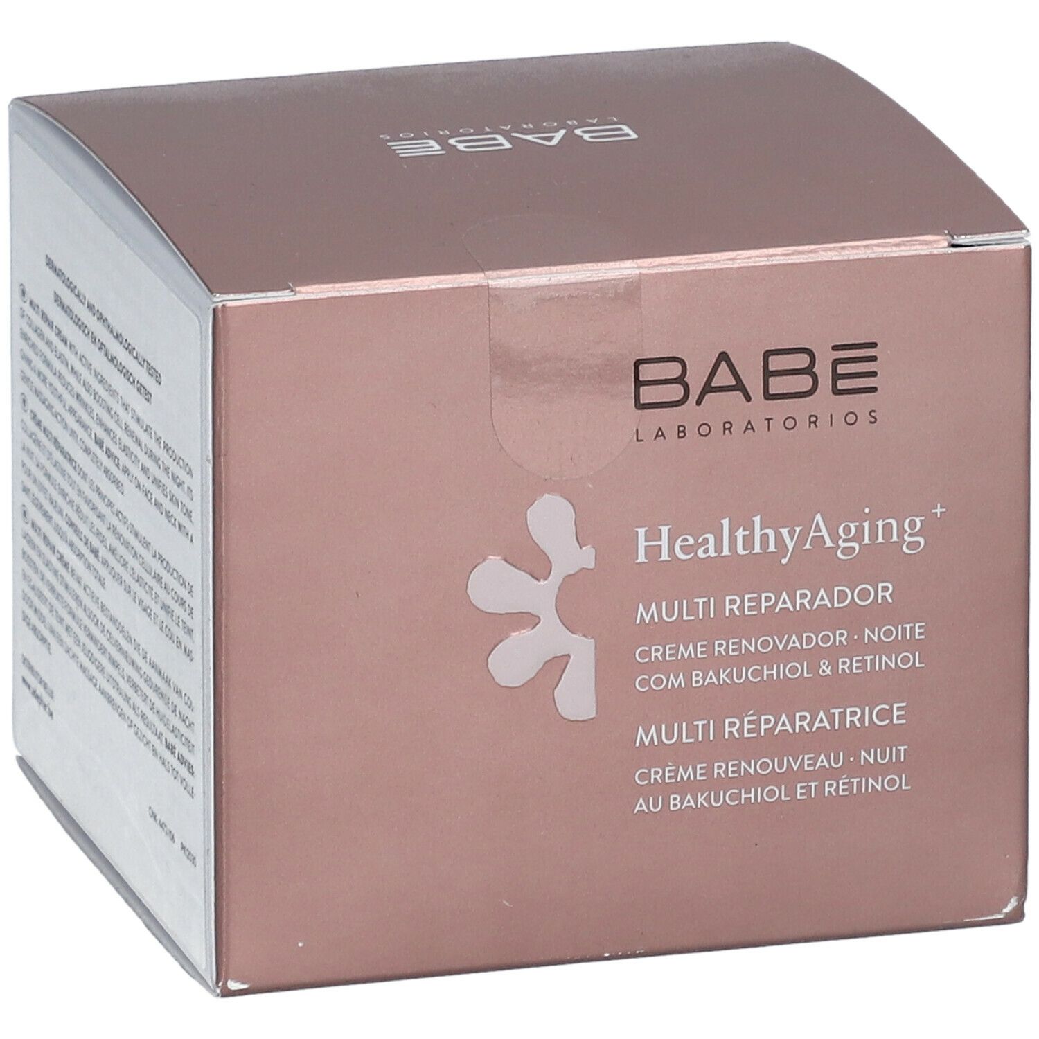 Braune Schachtel mit Produktinformationen. Aufschrift: BABÉ Laboratorios, HealthyAging+ Multi Reparador, Creme Renovador Nuit.