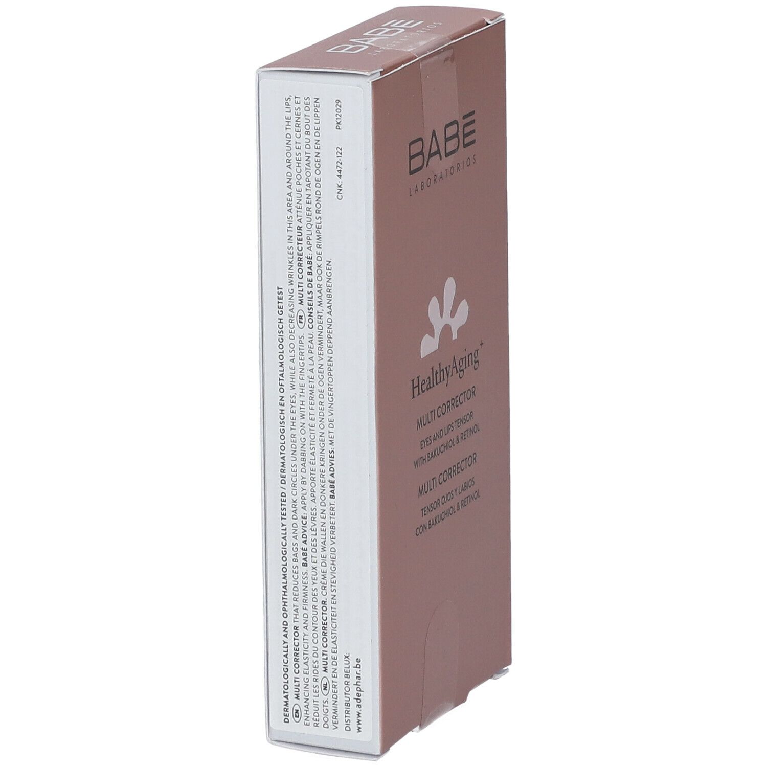 Roze verpakking, zijaanzicht. Tekst: HealthyAging+ Multi Corrector. Dermatologisch getest.
