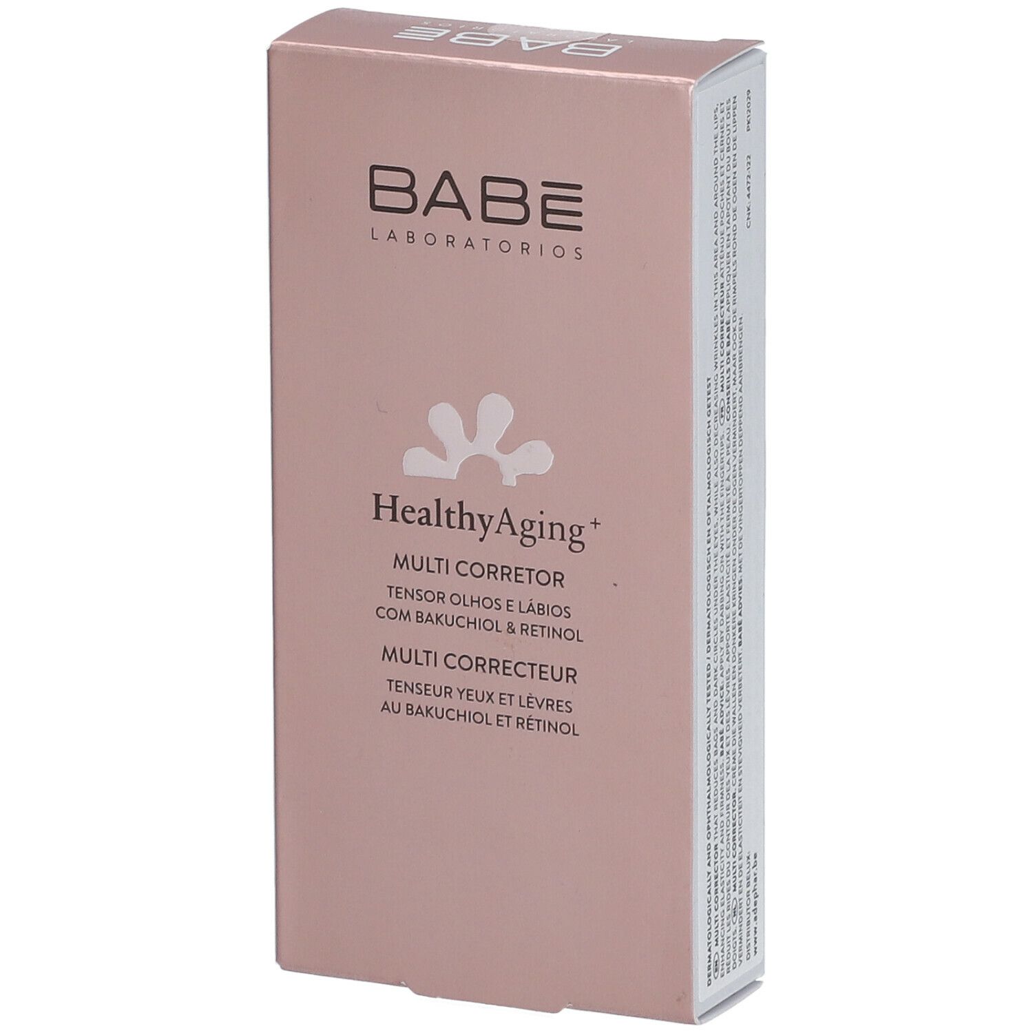 Roze verpakking met logo en productnaam. Tekst: HealthyAging+ Multi Corrector. Meertalige tekst.