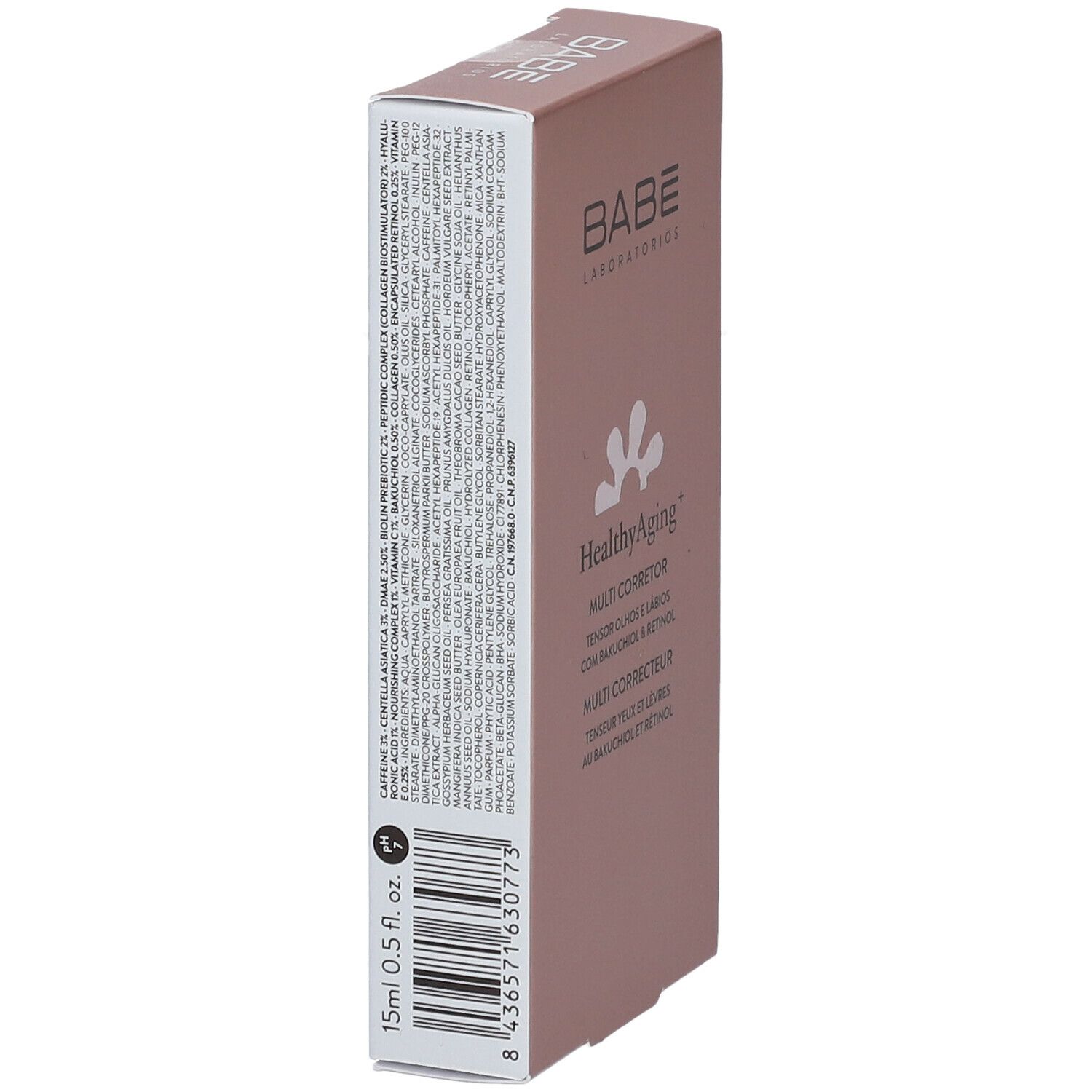 Roze verpakking, detail van ingrediënten. Tekst: HealthyAging+ Multi Corrector. 15ml 0.5 fl. oz.