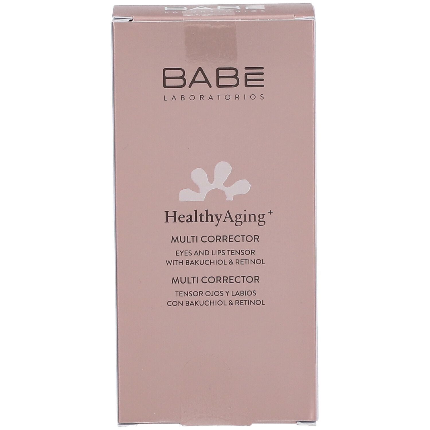 Roze verpakking met logo en productnaam. Tekst: HealthyAging+ Multi Corrector Eyes and Lips Tensor.