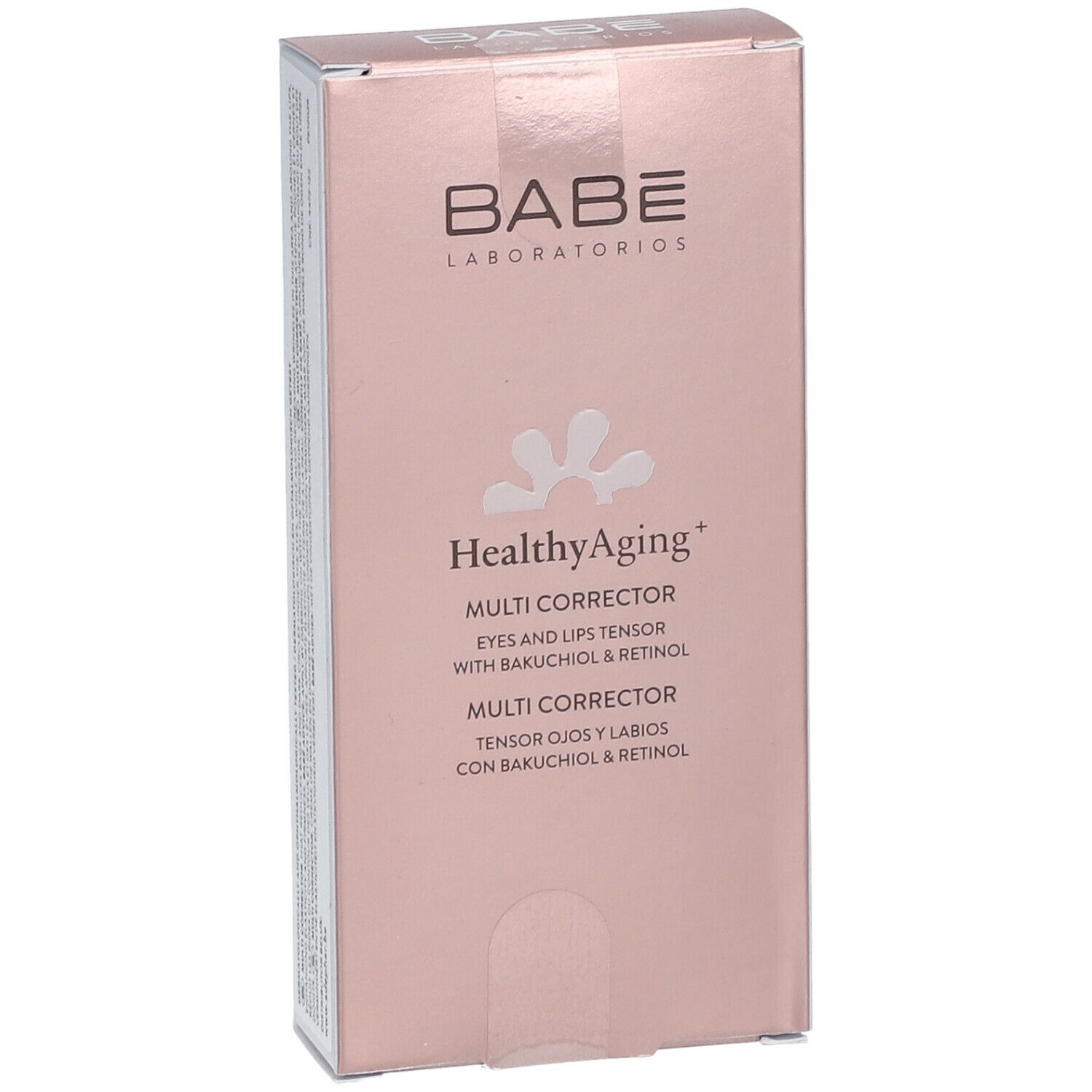 Roze verpakking met logo en productnaam. Tekst: HealthyAging+ Multi Corrector Eyes and Lips Tensor.