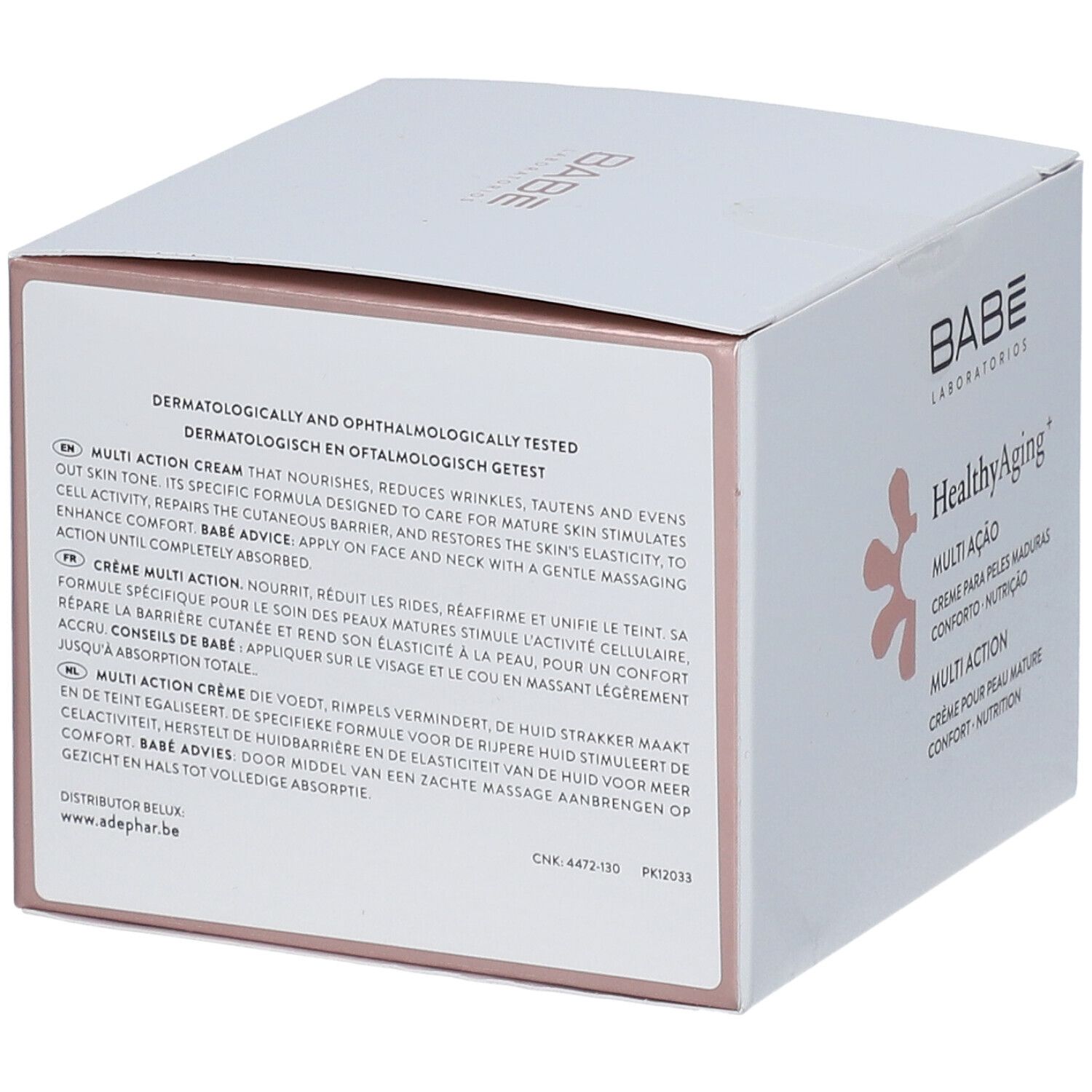 Rückseite einer weißen Produktverpackung. Text: Dermatologisch und ophthalmologisch getestet. Produktinformationen.