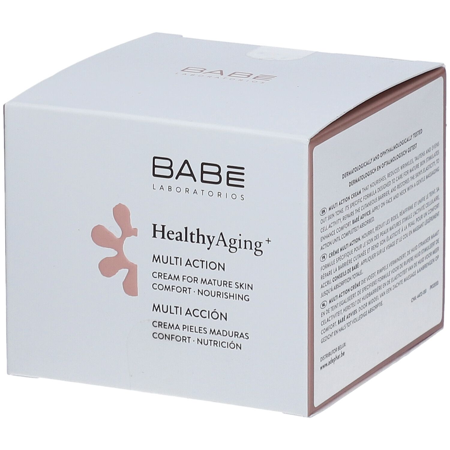 Weißer Karton mit Produktinformationen. Aufschrift: Babé Healthy Aging+ Multi Action. Creme für reife Haut.