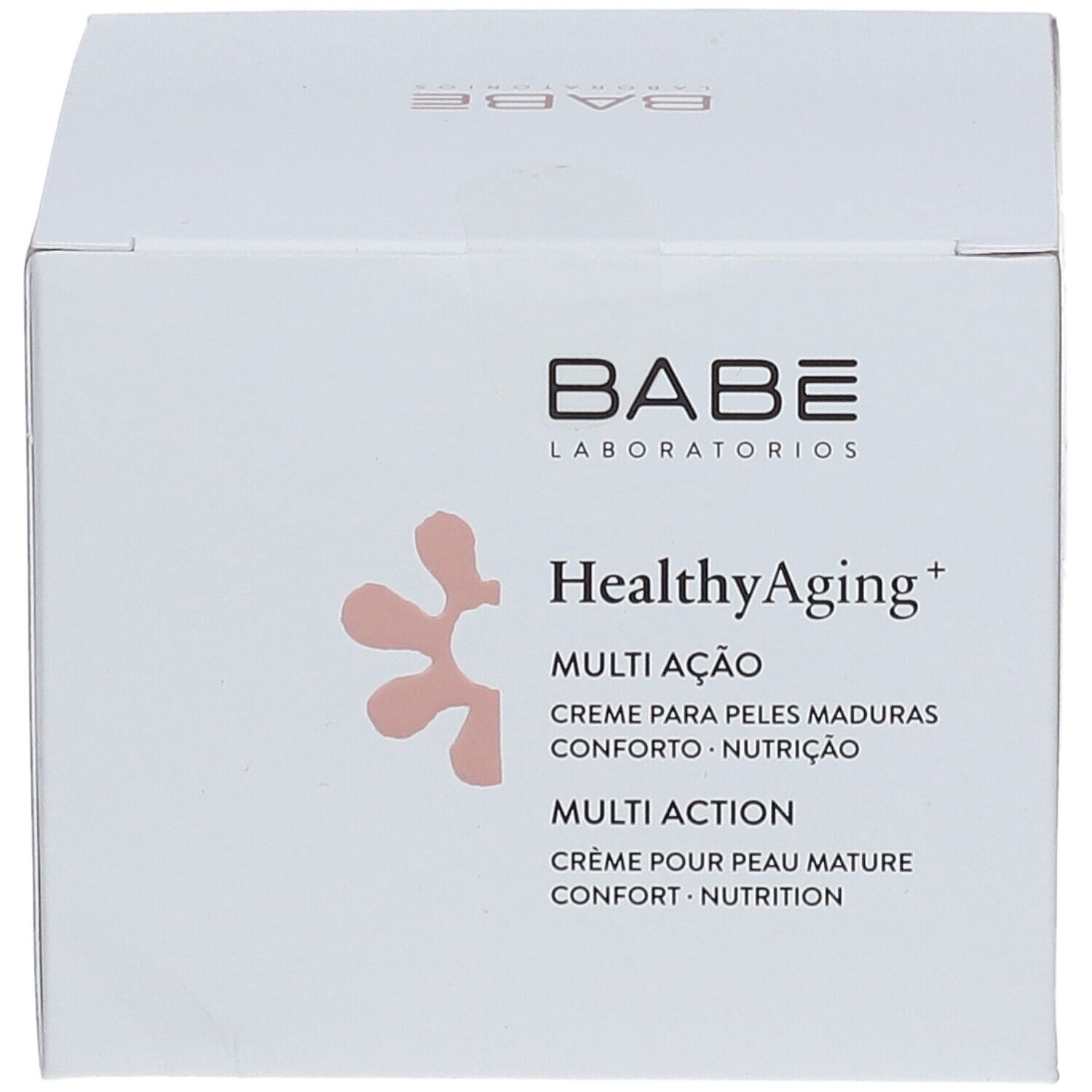 Weißer Karton mit Produktinformationen. Aufschrift: Babé Healthy Aging+ Multi Action. Creme für reife Haut.