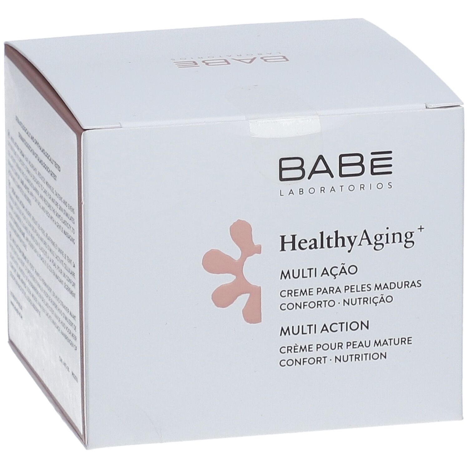 Weißer Karton mit Produktinformationen. Aufschrift: Babé Healthy Aging+ Multi Action. Creme für reife Haut.
