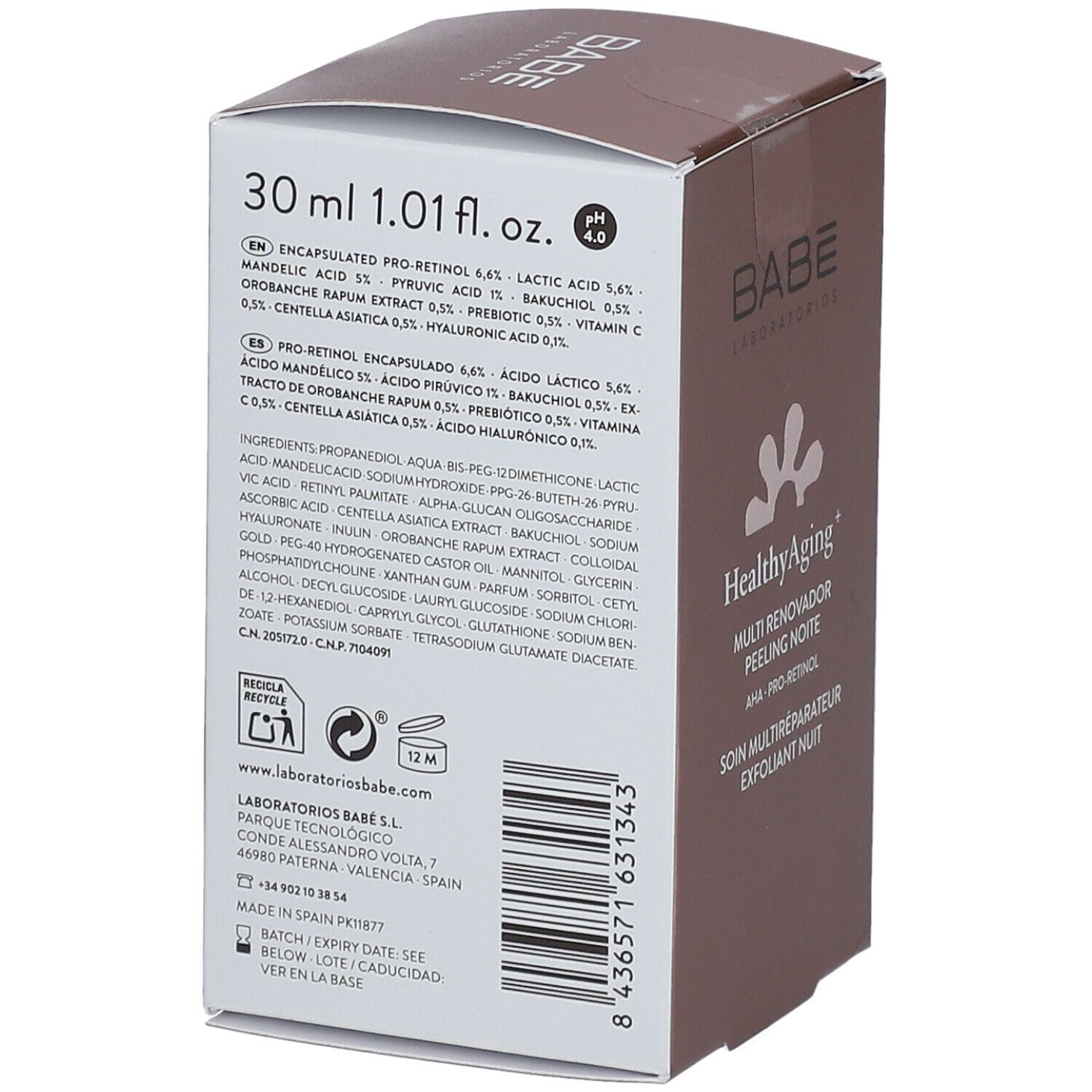 Produktverpackung mit Inhaltsstoffen und Informationen. Enthält Babé-Logo, Produktname, Inhaltsstoffe, pH-Wert und Volumen. Text in mehreren Sprachen.