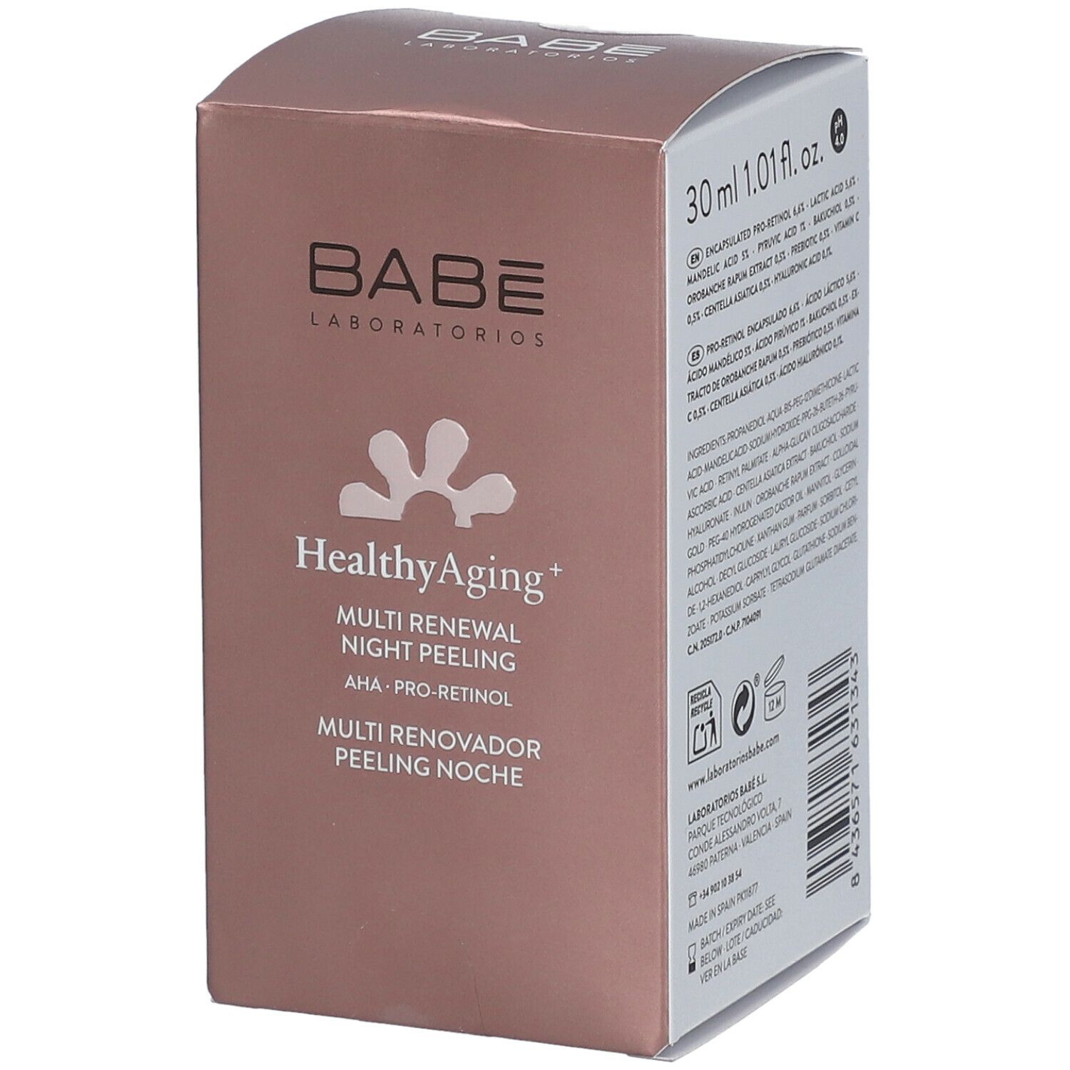 Produktverpackung mit Babé-Logo und Produktbezeichnung Healthy Aging+ Multi Renewal Night Peeling. Text in Englisch, Spanisch und Französisch. Volumen 30 ml.