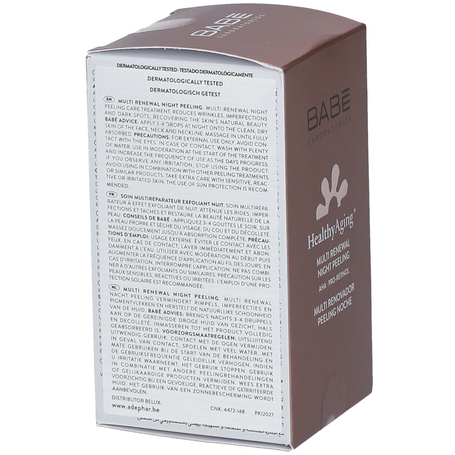 Produktverpackung mit Text in mehreren Sprachen. Enthält Informationen zur Anwendung und Warnhinweise. Dermatologisch getestet.