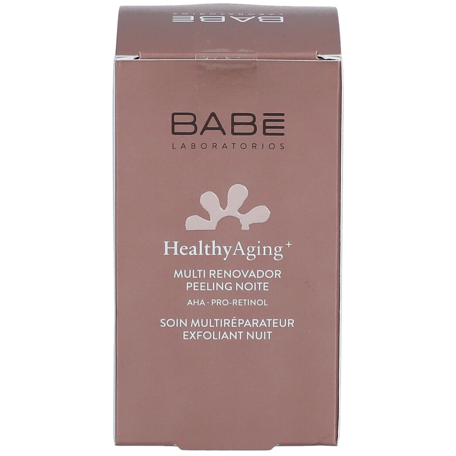 Produktverpackung mit Babé-Logo und Produktbezeichnung Healthy Aging+ Multi Renewal Night Peeling. Text in Englisch, Spanisch und Französisch.