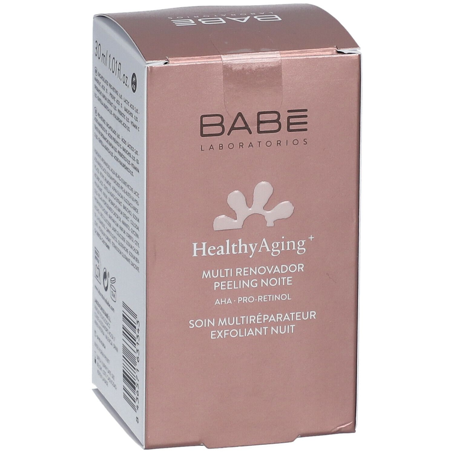 Produktverpackung mit Babé-Logo und Produktbezeichnung Healthy Aging+ Multi Renewal Night Peeling. Text in Englisch, Spanisch und Französisch. Volumen 30 ml.