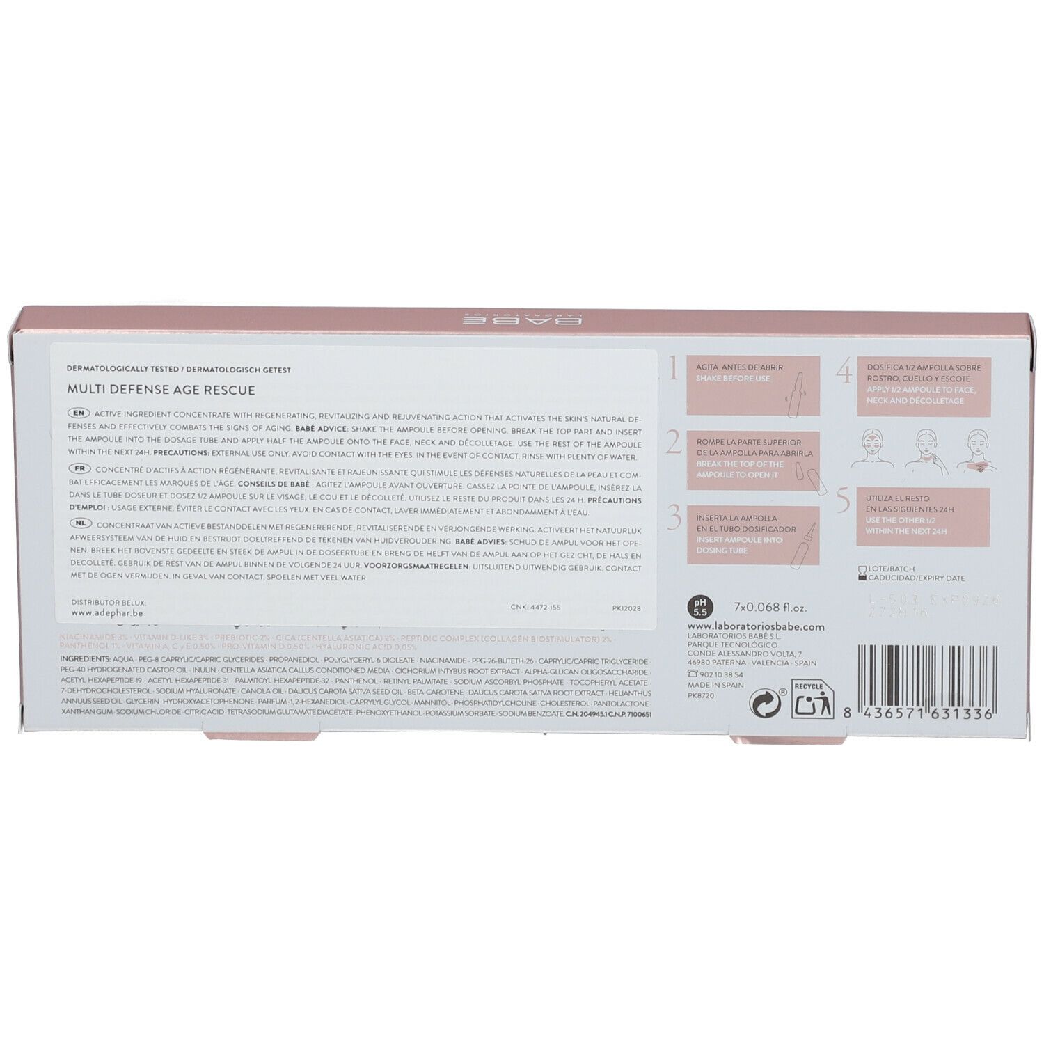 Achterkant van de Babé Healthy Aging+ Multi Defense Age Rescue Ampullen verpakking. Tekst, gebruiksaanwijzing en ingrediënten.