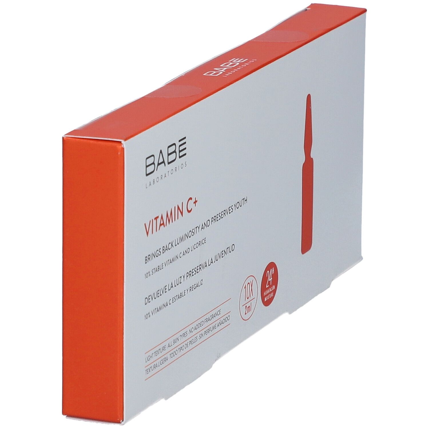 Boîte Babé Vitamin C+ en biais. Accents orange et illustration d'une ampoule. Texte visible.