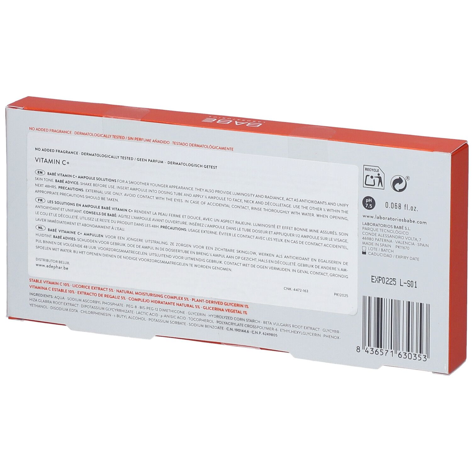 Dos de la boîte Babé Vitamin C+. Texte et code-barres. Ingrédients et instructions d'utilisation.