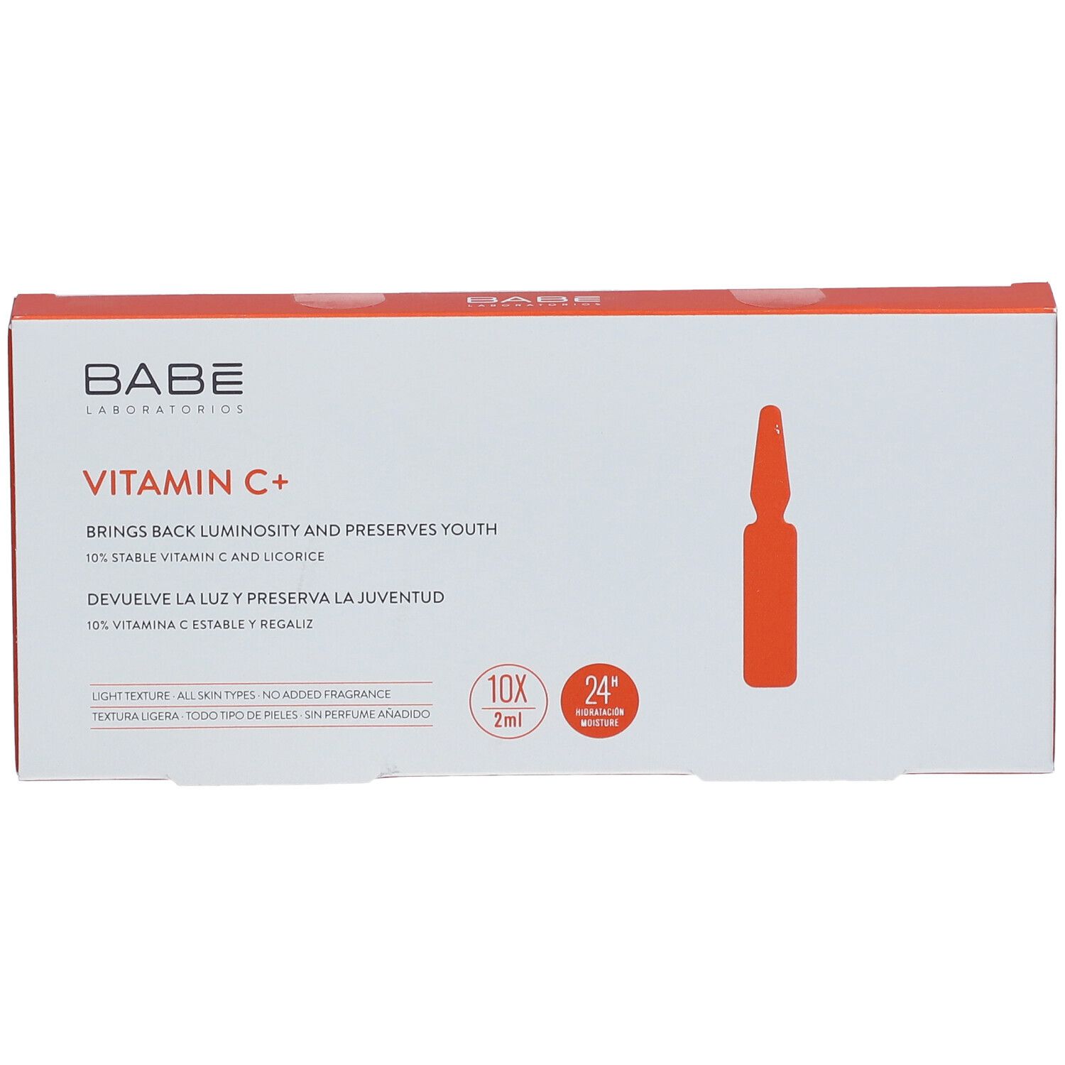 Boîte blanche avec ampoules Babé Vitamin C+. Illustration d'ampoule orange et texte. 10x2ml.