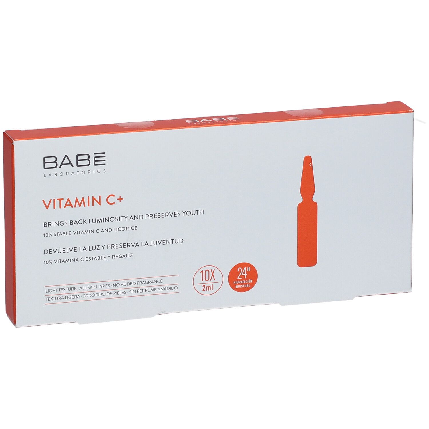 Boîte blanche avec ampoules Babé Vitamin C+. Illustration d'ampoule orange et texte. 10x2ml.