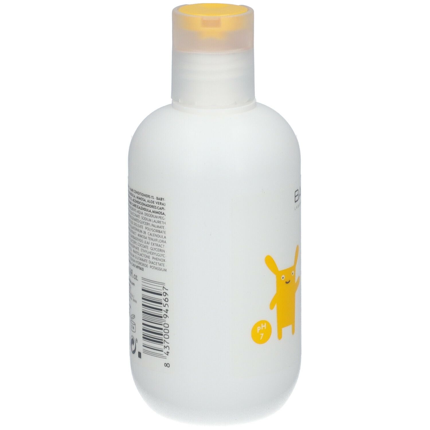 Witte fles met gele klapdop. Op de zijkant: tekst en streepjescode. Geel cartoonfiguur.