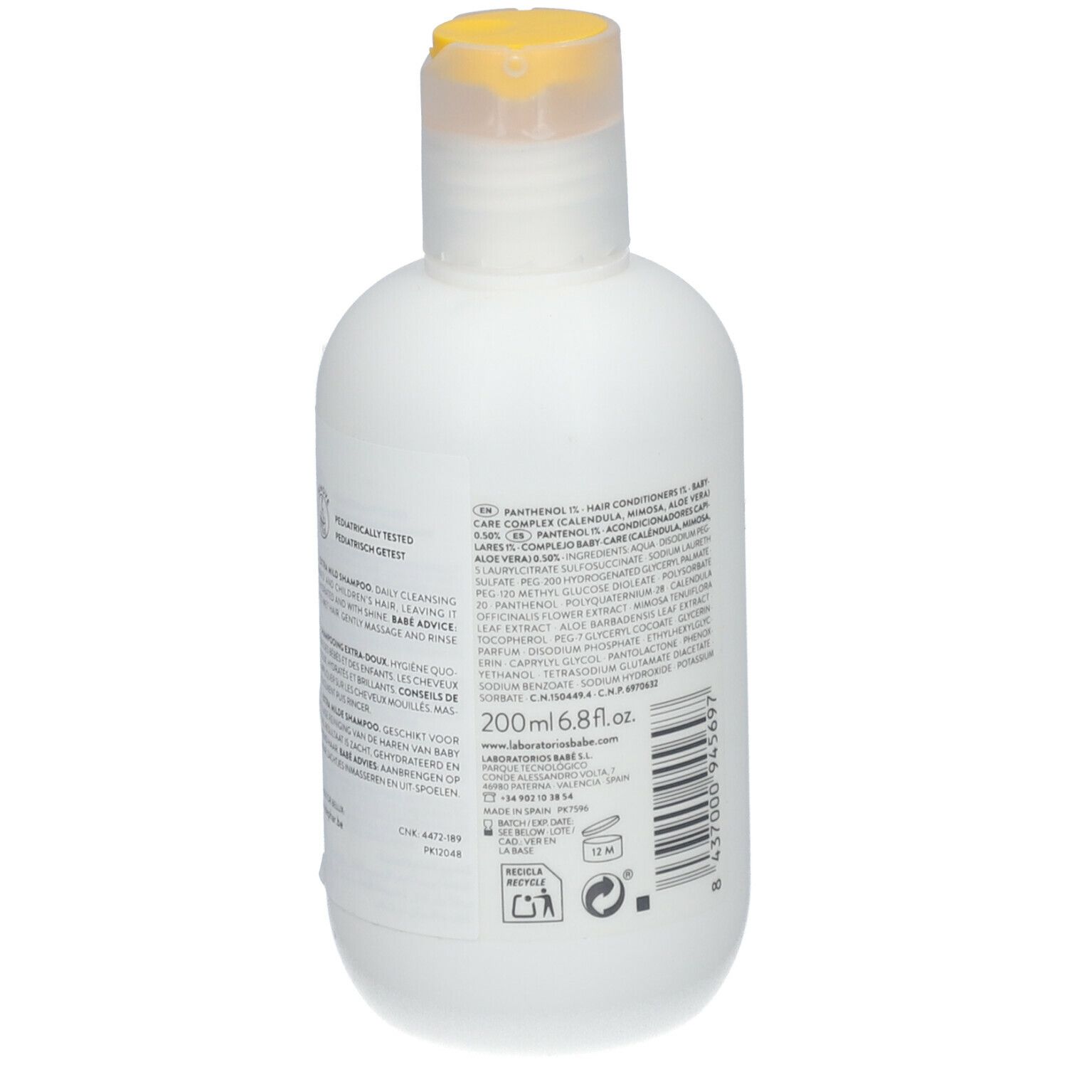 Witte fles met gele klapdop. Achterkant met tekst, ingrediënten en logo's. 200ml.