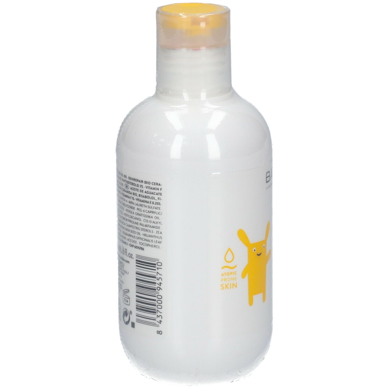 Weiße Flasche mit gelbem Verschluss. Rückseite mit Text und Barcode. Gelbe Cartoon-Figur.