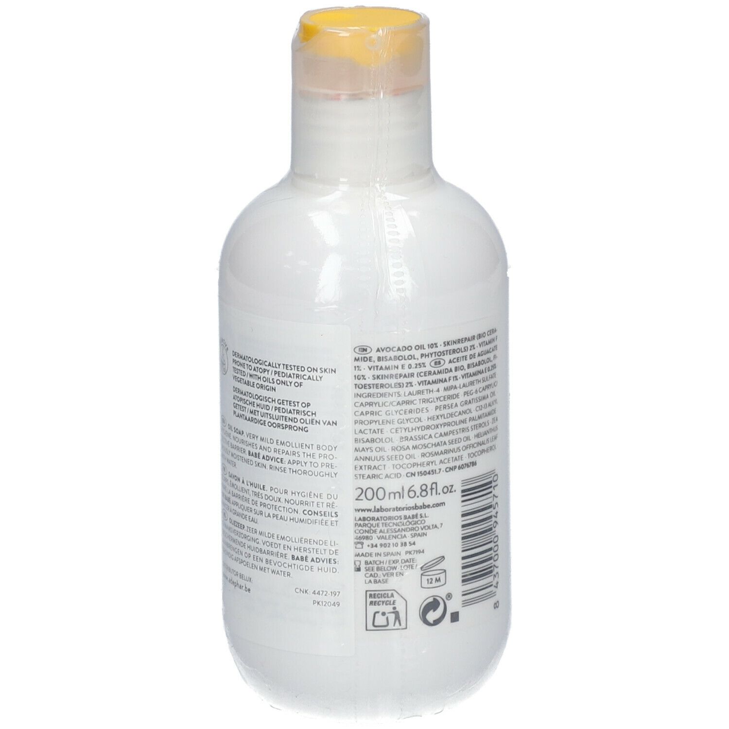 Weiße Flasche mit gelbem Verschluss. Rückseite mit Text, Inhaltsangaben und Barcode. 200ml.