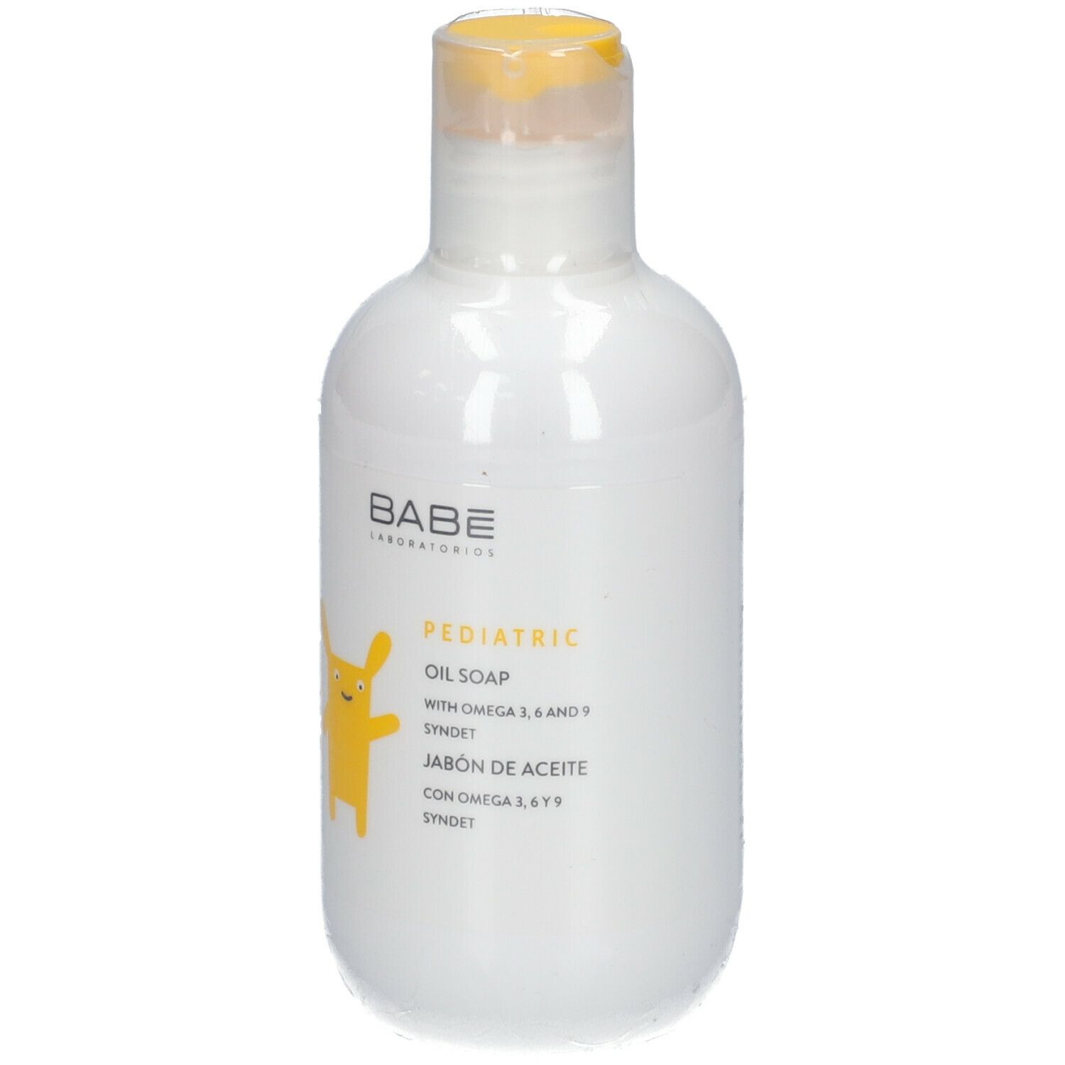 Weiße Flasche mit gelbem Verschluss. Aufschrift: BABÉ, PEDIATRIC OIL SOAP. Gelbe Cartoon-Figur.
