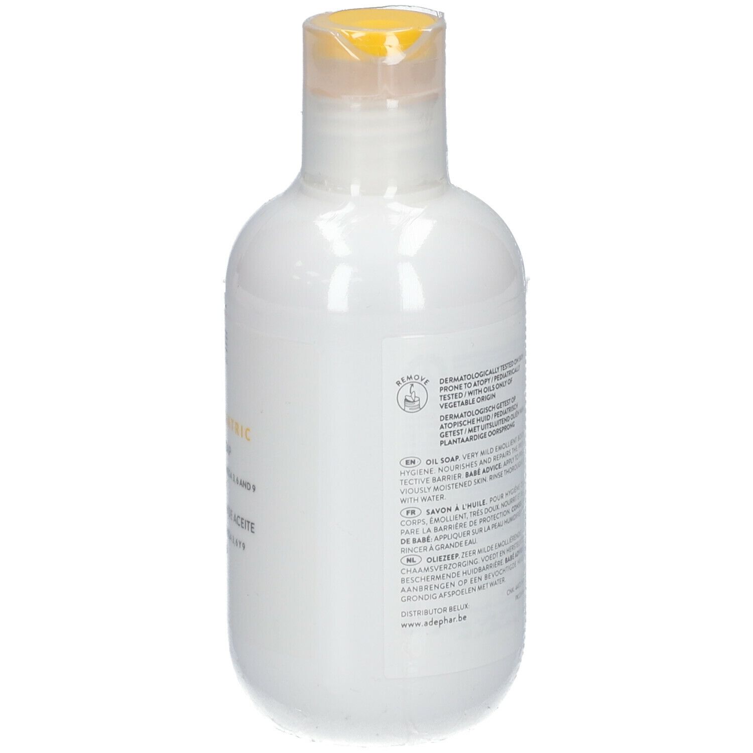 Weiße Flasche mit gelbem Verschluss. Rückseite mit Text und Logo. Dermatologisch getestet.