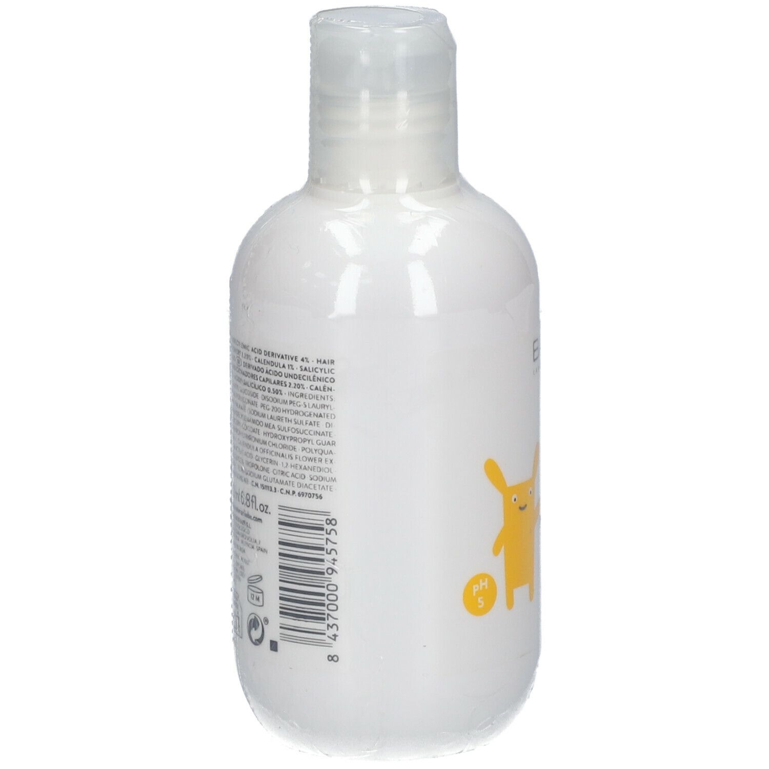 Achterkant van de Babé Pediatric Cradle Cap Shampoo fles. Tekst met ingrediënten en fabrikantinfo.