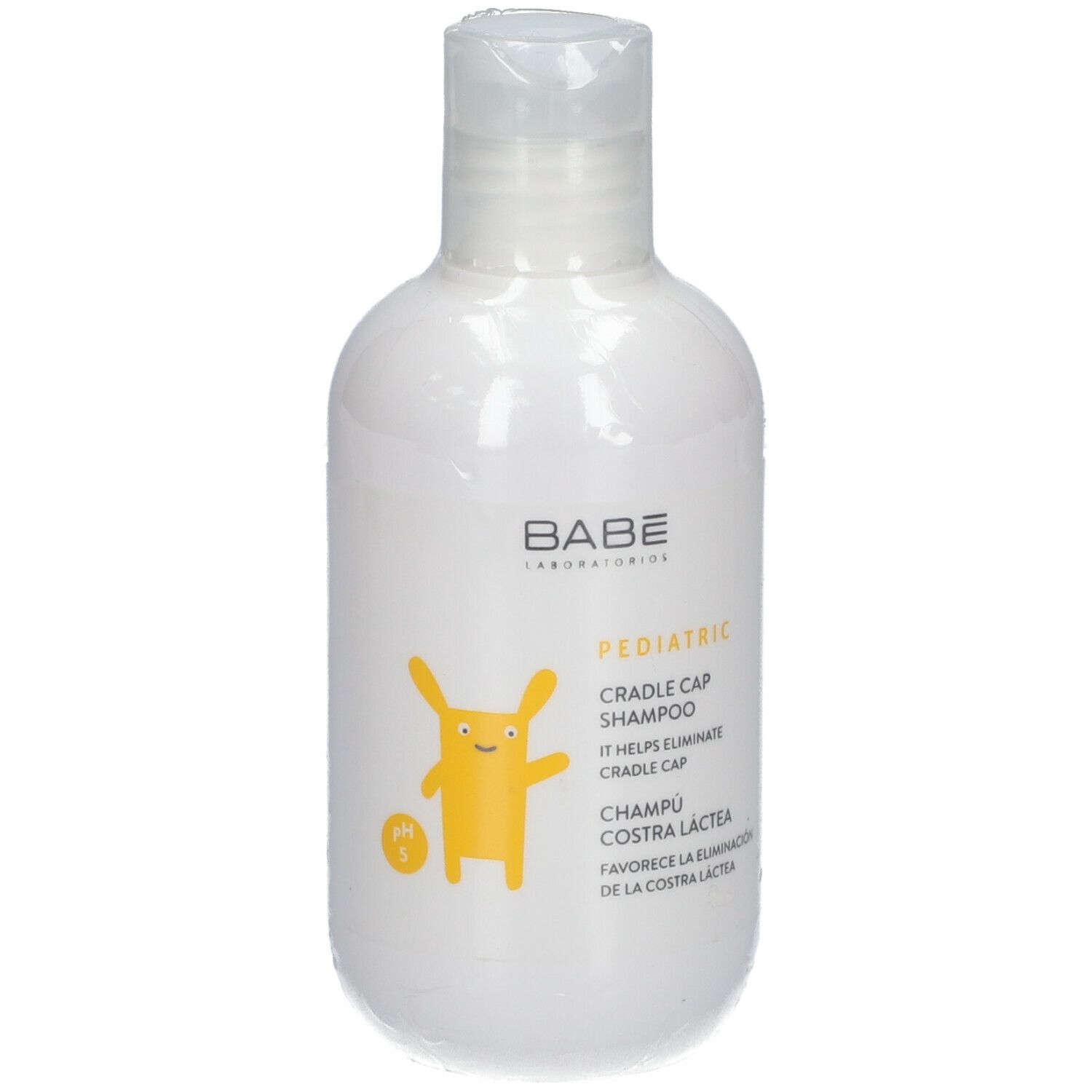 Witte fles Babé Pediatric Cradle Cap Shampoo. Geel konijnlogo. Tekst: « It helps eliminate cradle cap ».