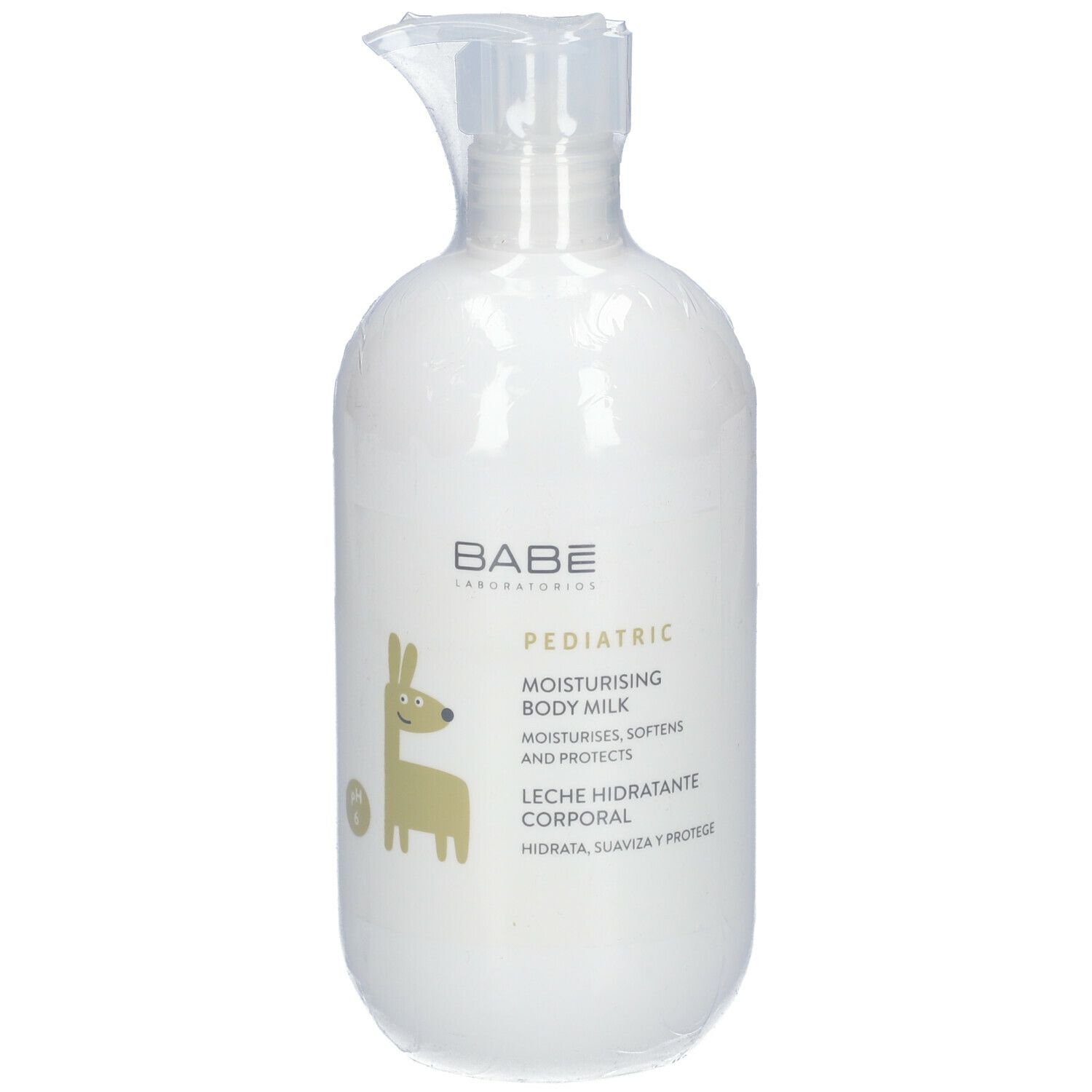 Babé Pediatric Moisturizing Body Milk. Bouteille blanche avec pompe, emballée. Inscription: Pediatric, Leche Hidratante Corporal.