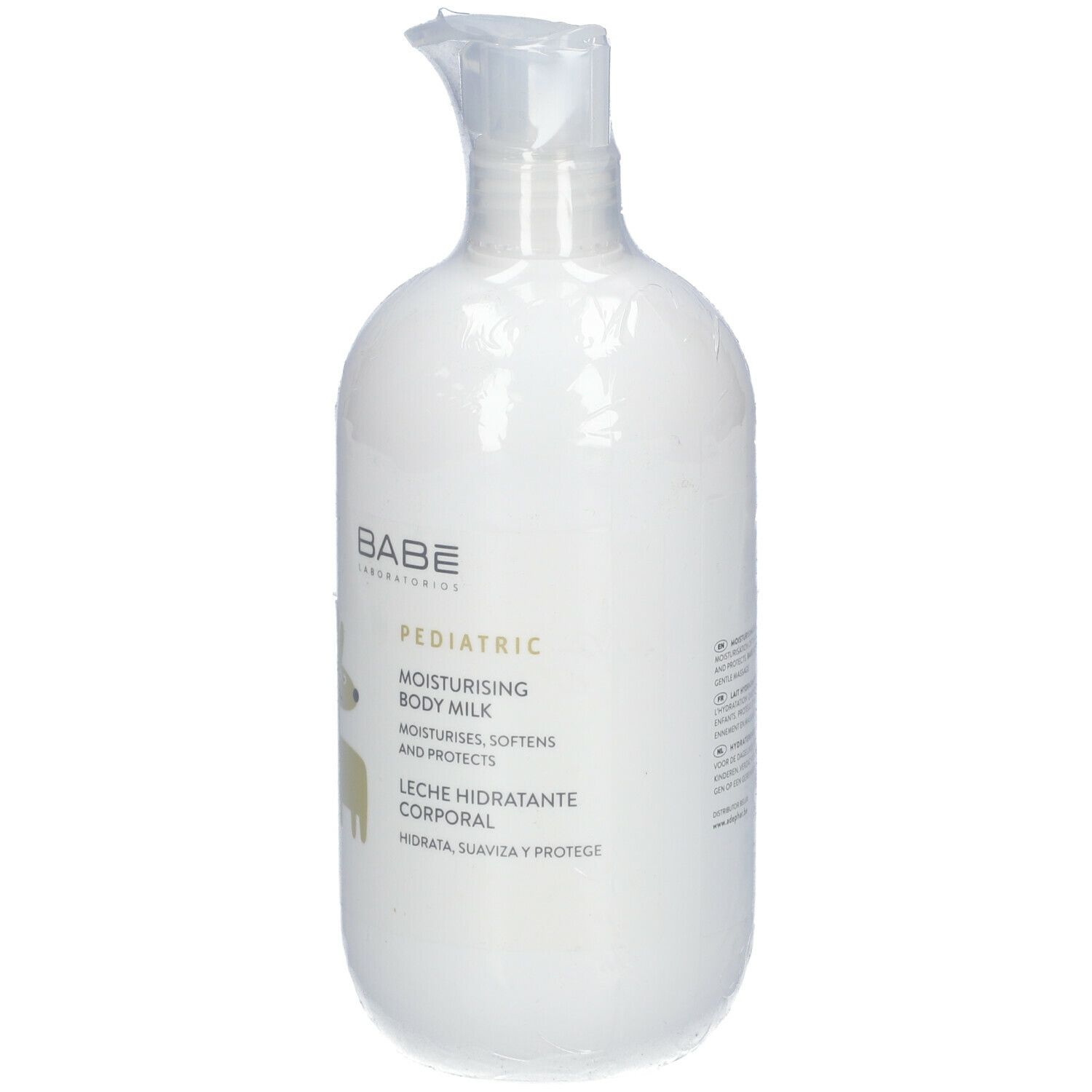 Babé Pediatric Moisturizing Body Milk. Bouteille blanche avec pompe, emballée. Inscription: Pediatric, Leche Hidratante Corporal.