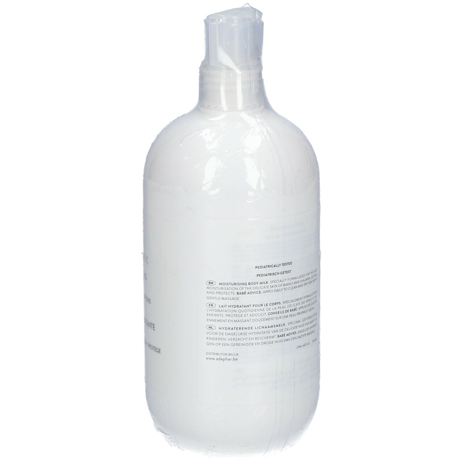 Babé Pediatric Moisturizing Body Milk. Bouteille blanche avec pompe, emballée. Dos avec informations sur les ingrédients.