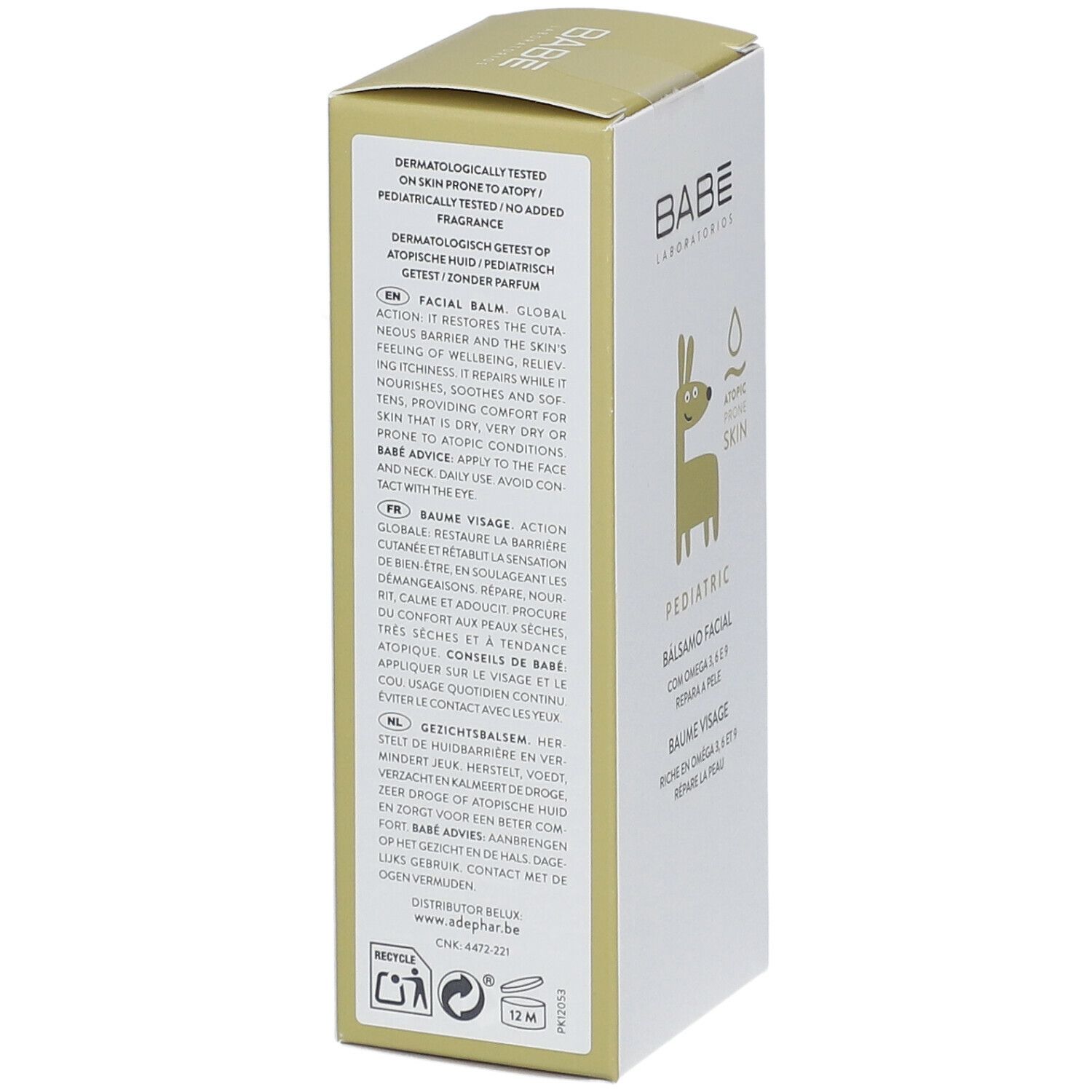 Productverpakking met tekst. BABE Laboratorios, Pediatric, Balsamo Facial. Tekst in het Engels, Frans, Nederlands. Voor atopische huid.