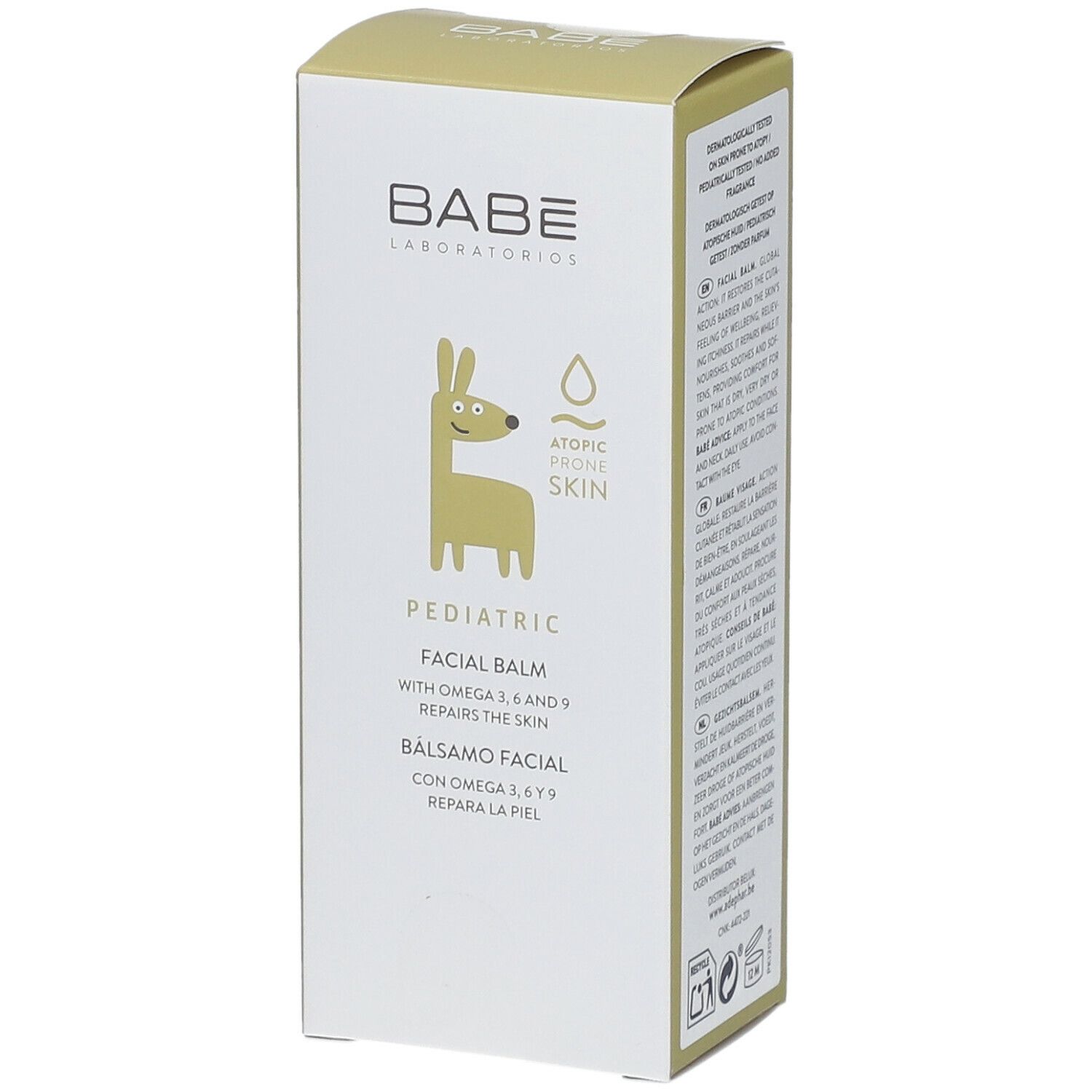 Productverpakking. BABE Laboratorios, Pediatric, Balsamo Facial. Met Omega 3, 6, 9. Voor atopische huid. Tekst in het Engels, Spaans.