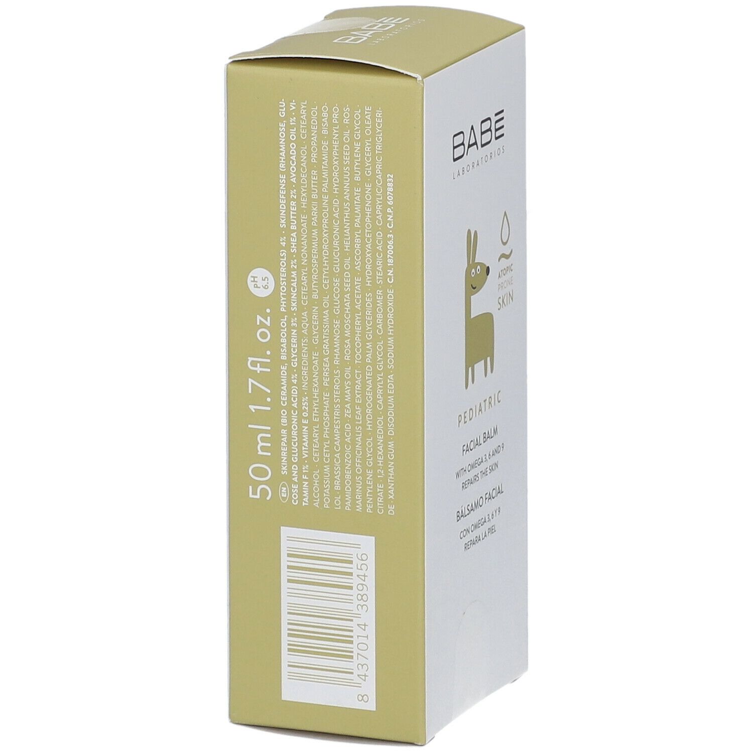 Productverpakking. BABE Laboratorios, Pediatric, Balsamo Facial. Met Omega 3, 6, 9. Voor atopische huid. Ingrediënten en barcode.