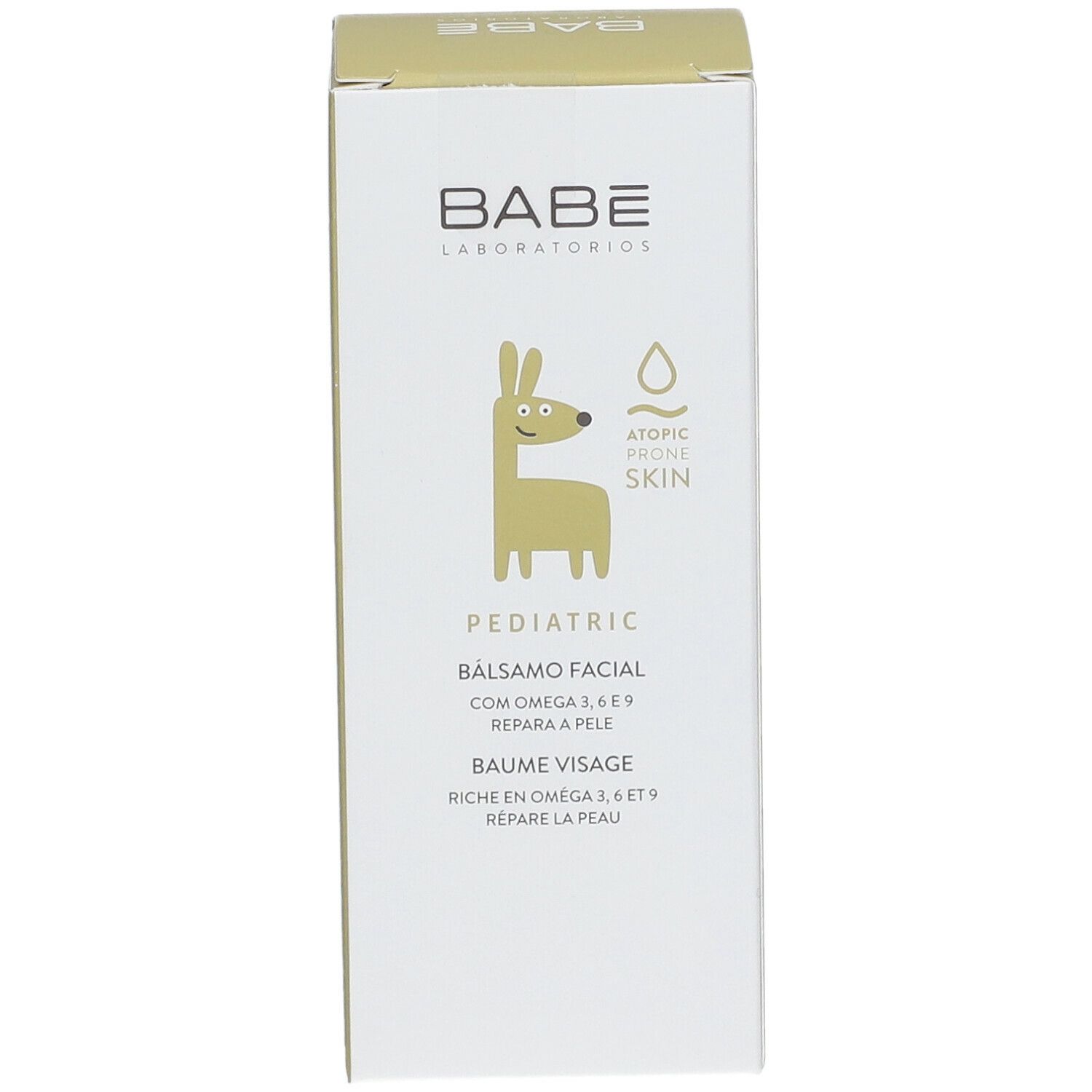 Productverpakking. BABE Laboratorios, Pediatric, Balsamo Facial. Met Omega 3, 6, 9. Voor atopische huid. 50 ml. 1.7 fl. oz.