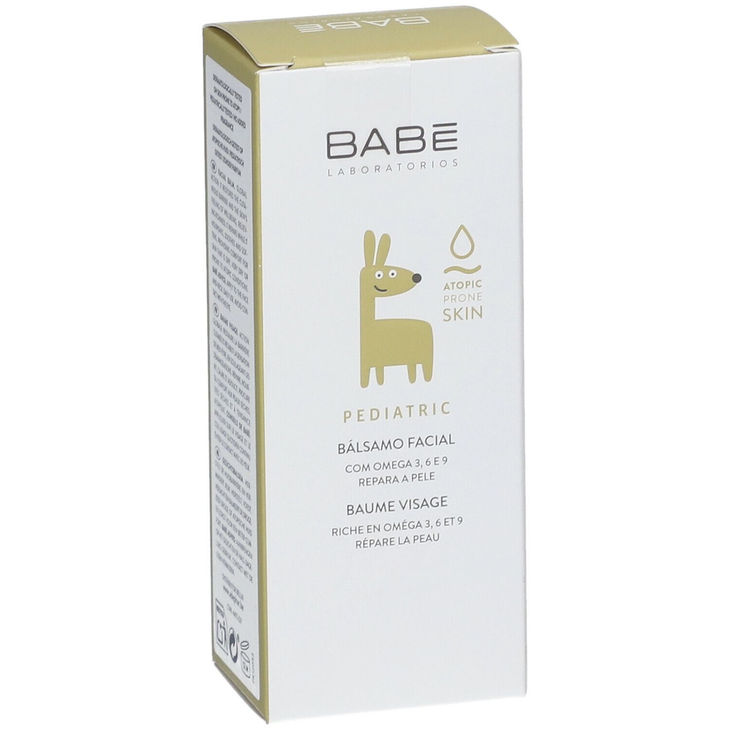 Productverpakking. BABE Laboratorios, Pediatric, Balsamo Facial. Met Omega 3, 6, 9. Voor atopische huid. 50 ml. 1.7 fl. oz.