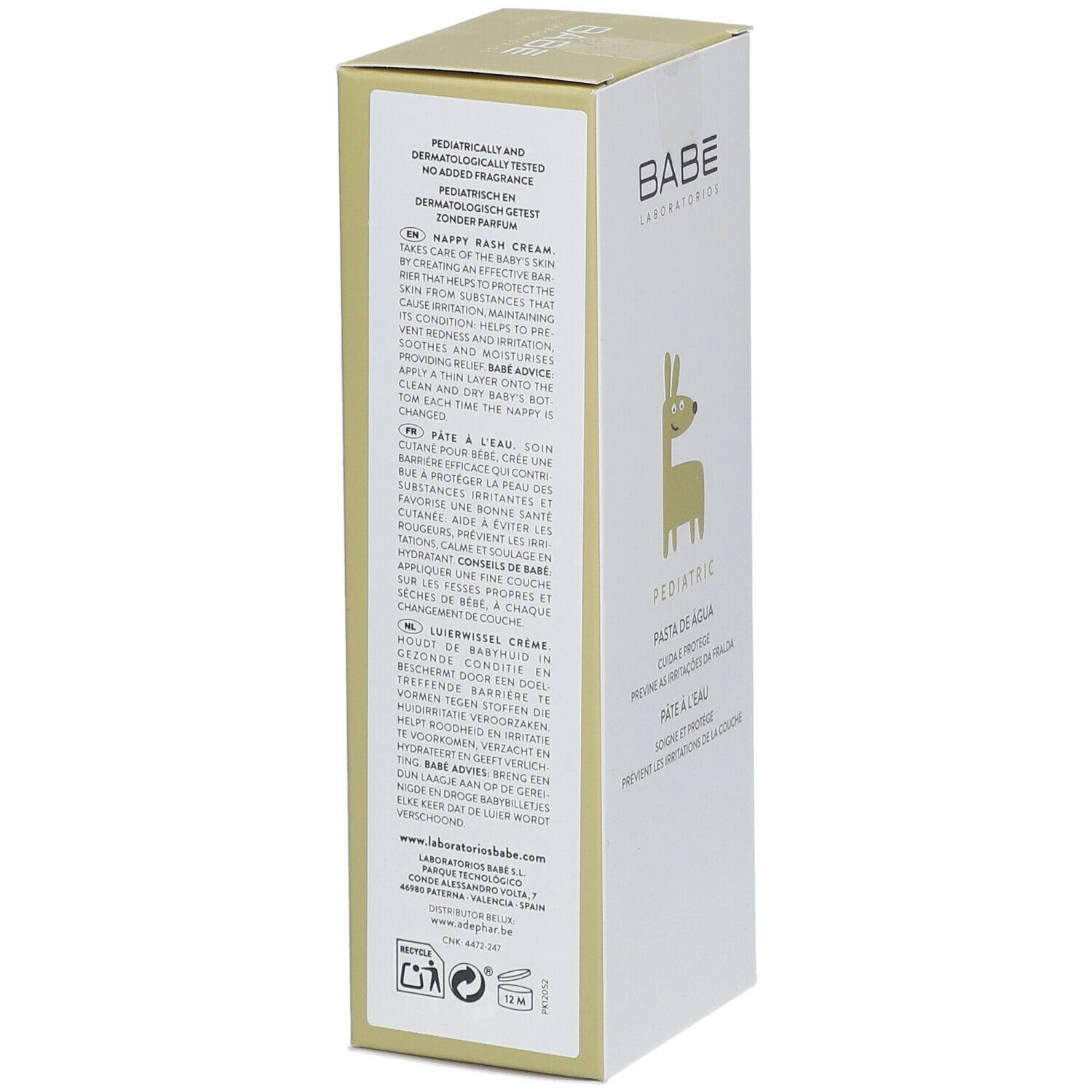 Boîte Babé Pediatric. Texte: Nappy Rash Cream. Texte multilingue. Illustration d'un lama.