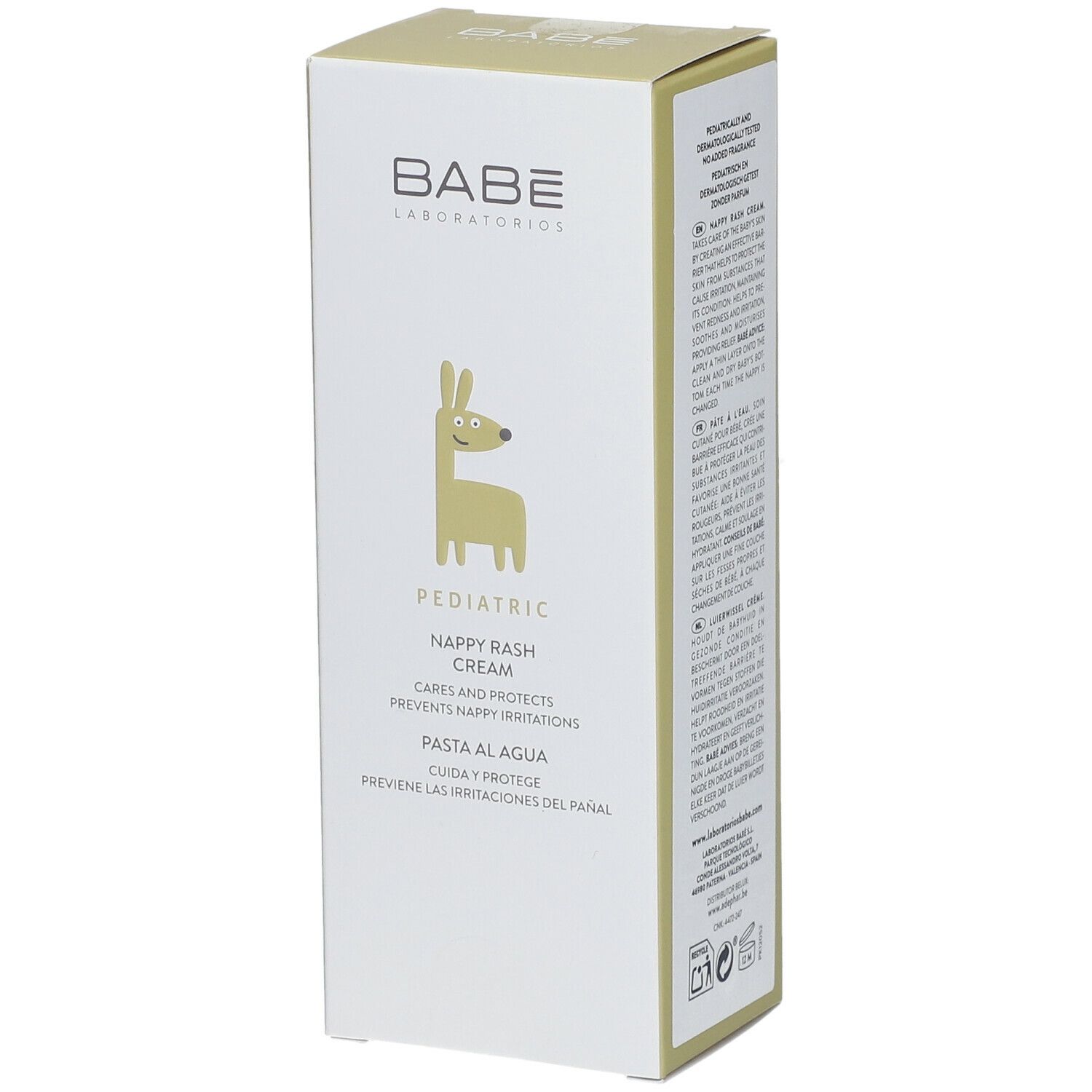Boîte Babé Pediatric. Inscription: Nappy Rash Cream. Texte multilingue. Illustration d'un lama.