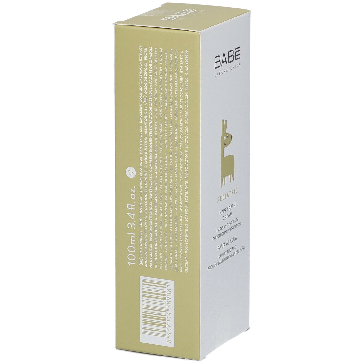 Boîte Babé Pediatric. Texte: Nappy Rash Cream. Texte multilingue. Illustration d'un lama. 100ml.