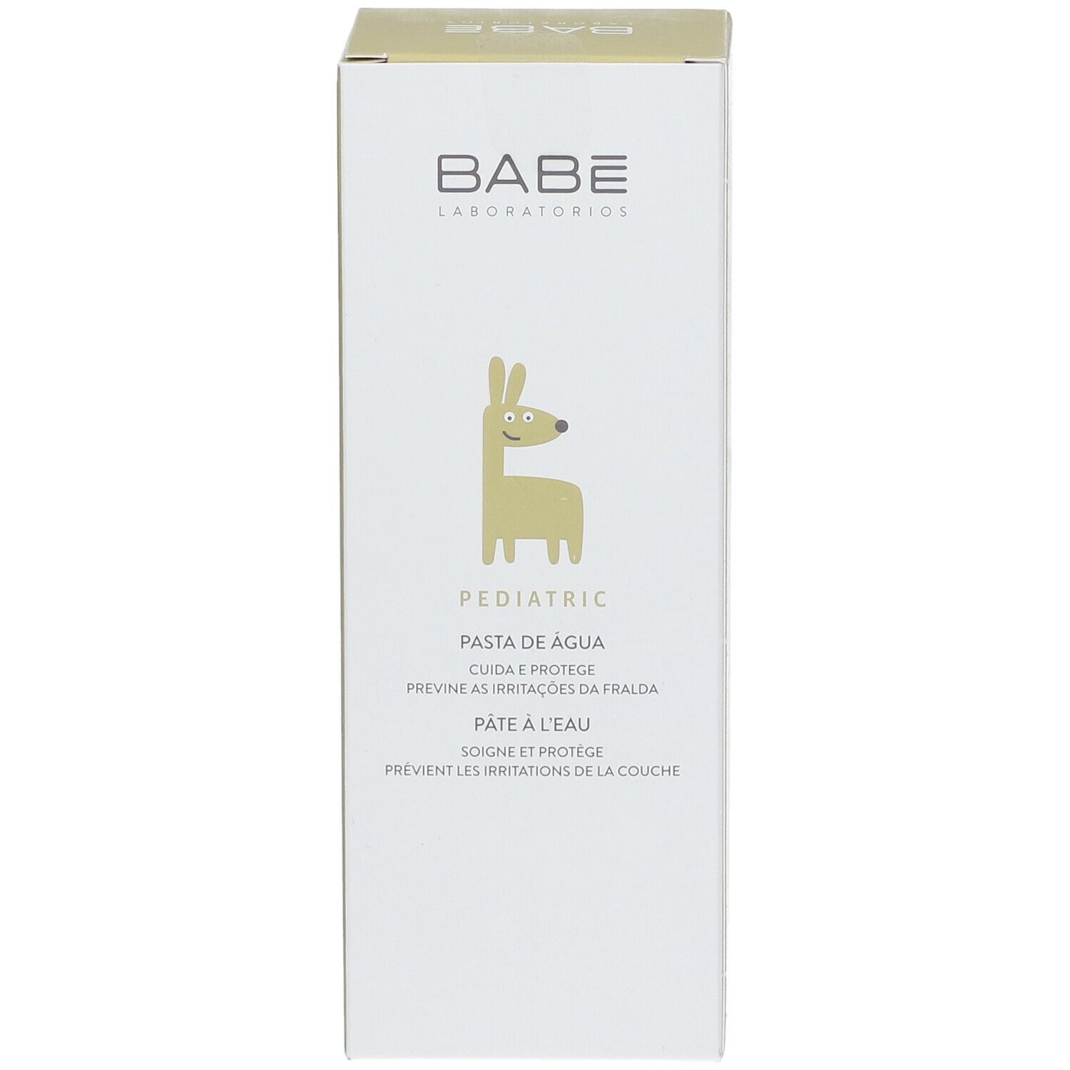 Boîte Babé Pediatric. Inscription: Pediatric Pasta de Agua. Illustration d'un lama.