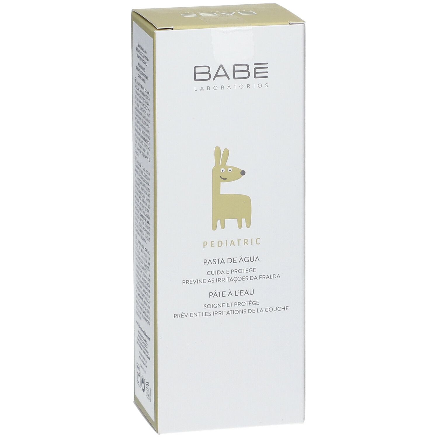 Boîte Babé Pediatric. Inscription: Pediatric Pasta de Agua. Illustration d'un lama.