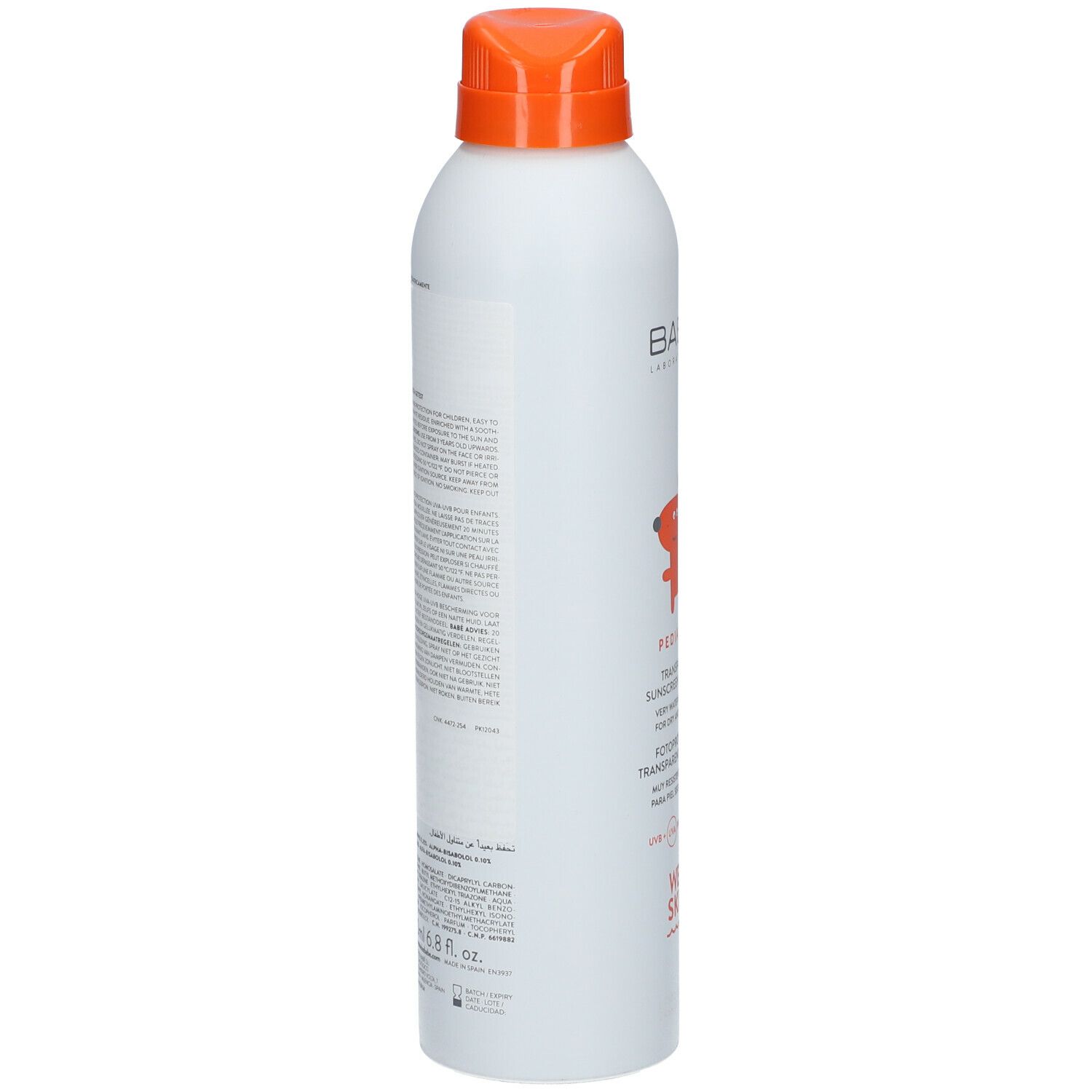 Babé Pediatric Transparent Sunscreen Wet Skin SPF50. Witte fles, zijaanzicht. Beschrijvende tekst. Productinformatie.