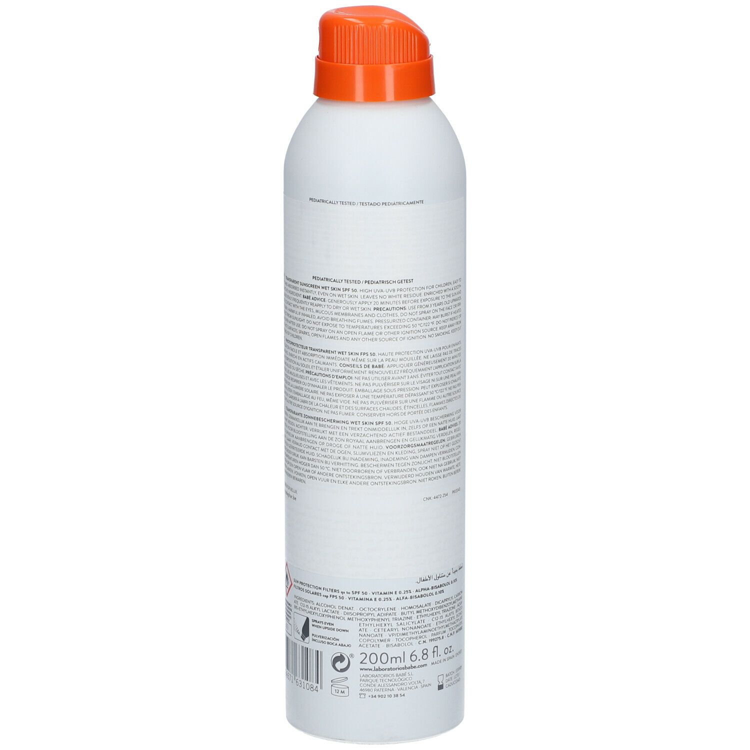 Babé Pediatric Transparent Sunscreen Wet Skin SPF50. Witte fles, achteraanzicht. Beschrijvende tekst. Productinformatie.