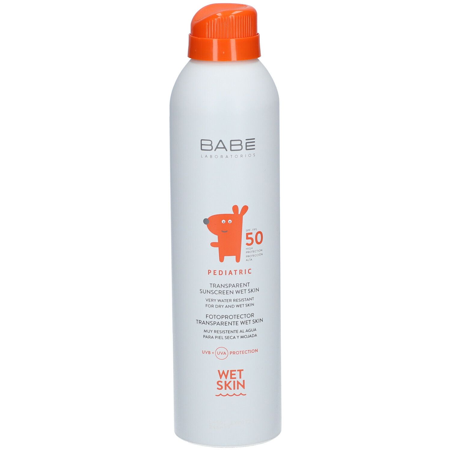 Babé Pediatric Transparent Sunscreen Wet Skin SPF50. Witte fles met oranje dop. Productafbeelding met tekst en logo.