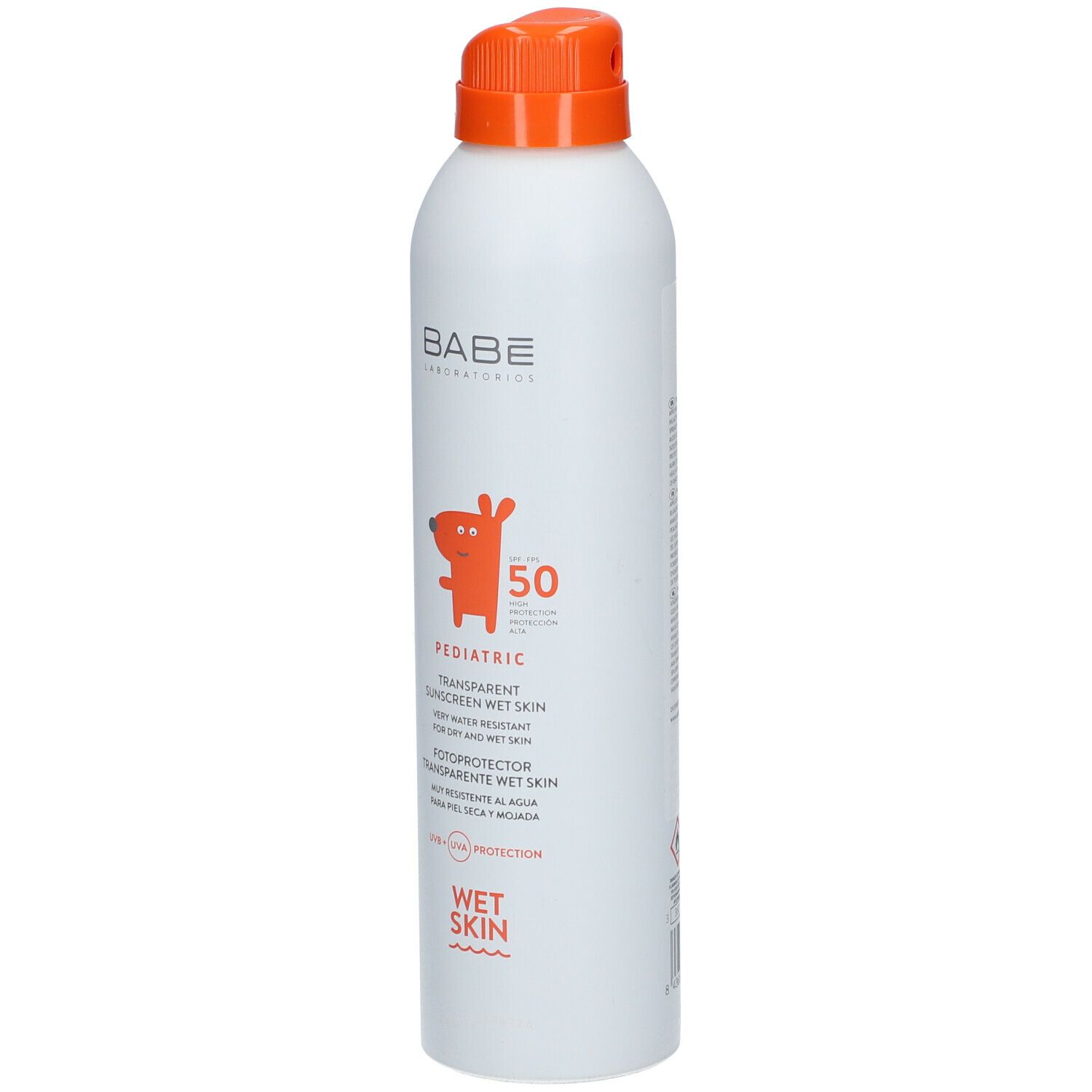 Babé Pediatric Transparent Sunscreen Wet Skin SPF50. Witte fles met oranje dop. Productafbeelding met tekst en logo.