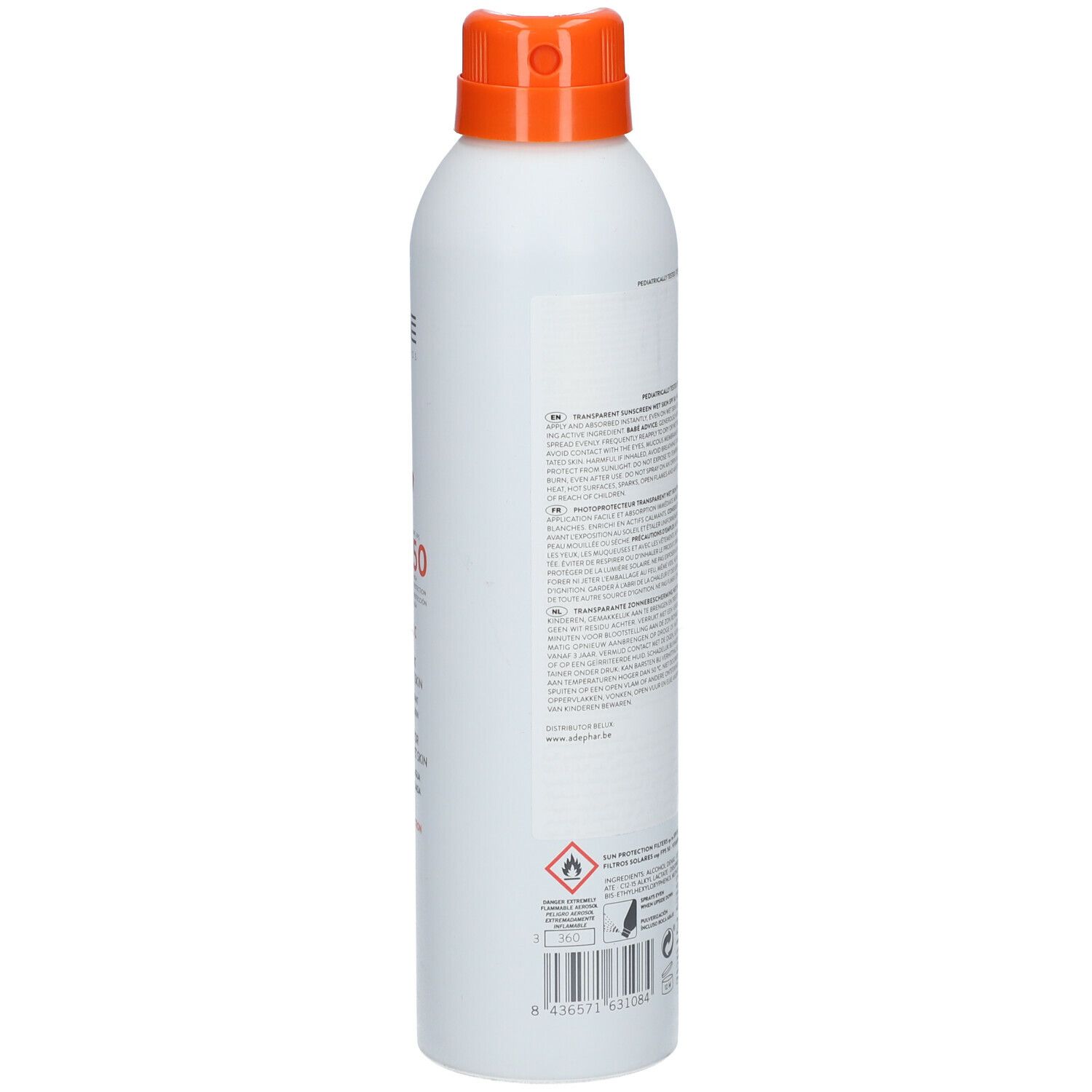 Babé Pediatric Transparent Sunscreen Wet Skin SPF50. Witte fles, achteraanzicht. Beschrijvende tekst. Productinformatie.